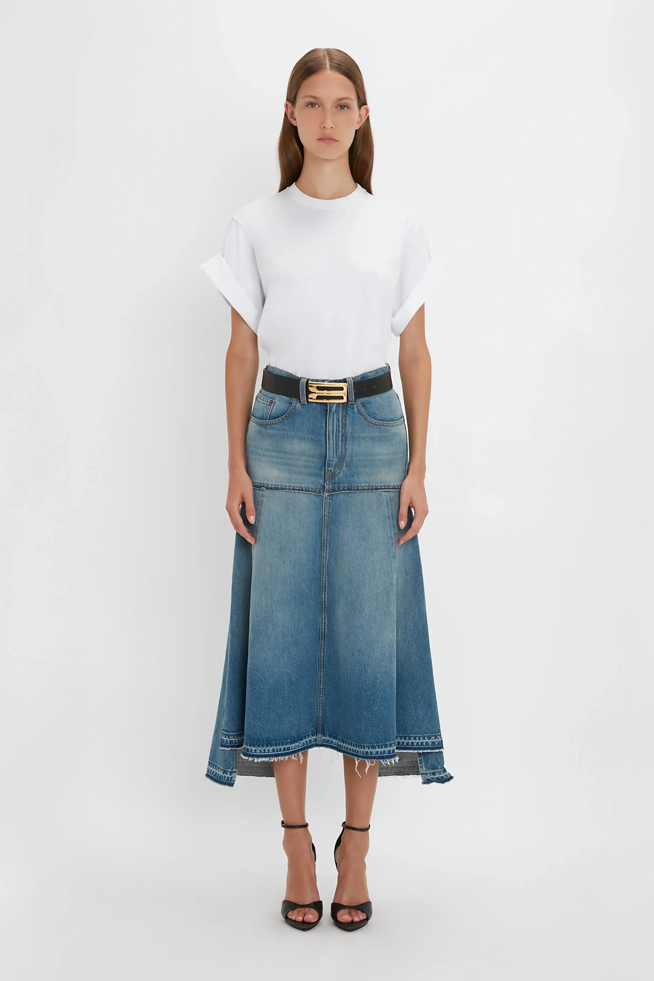 Fit and Flare Patched Denim Skirt