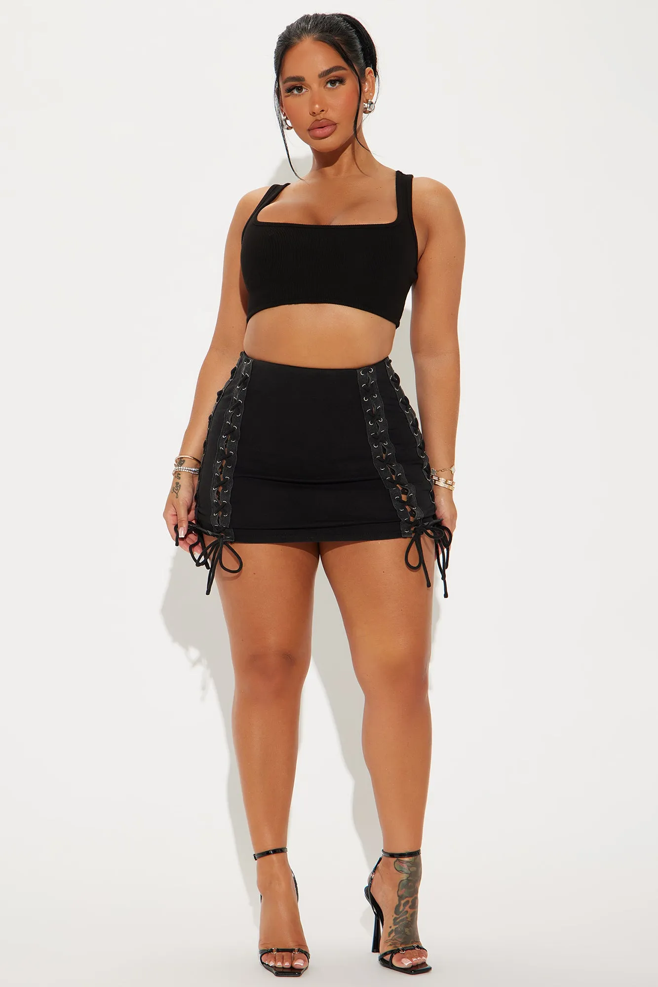 For The Win Lace Up Mini Skirt - Black