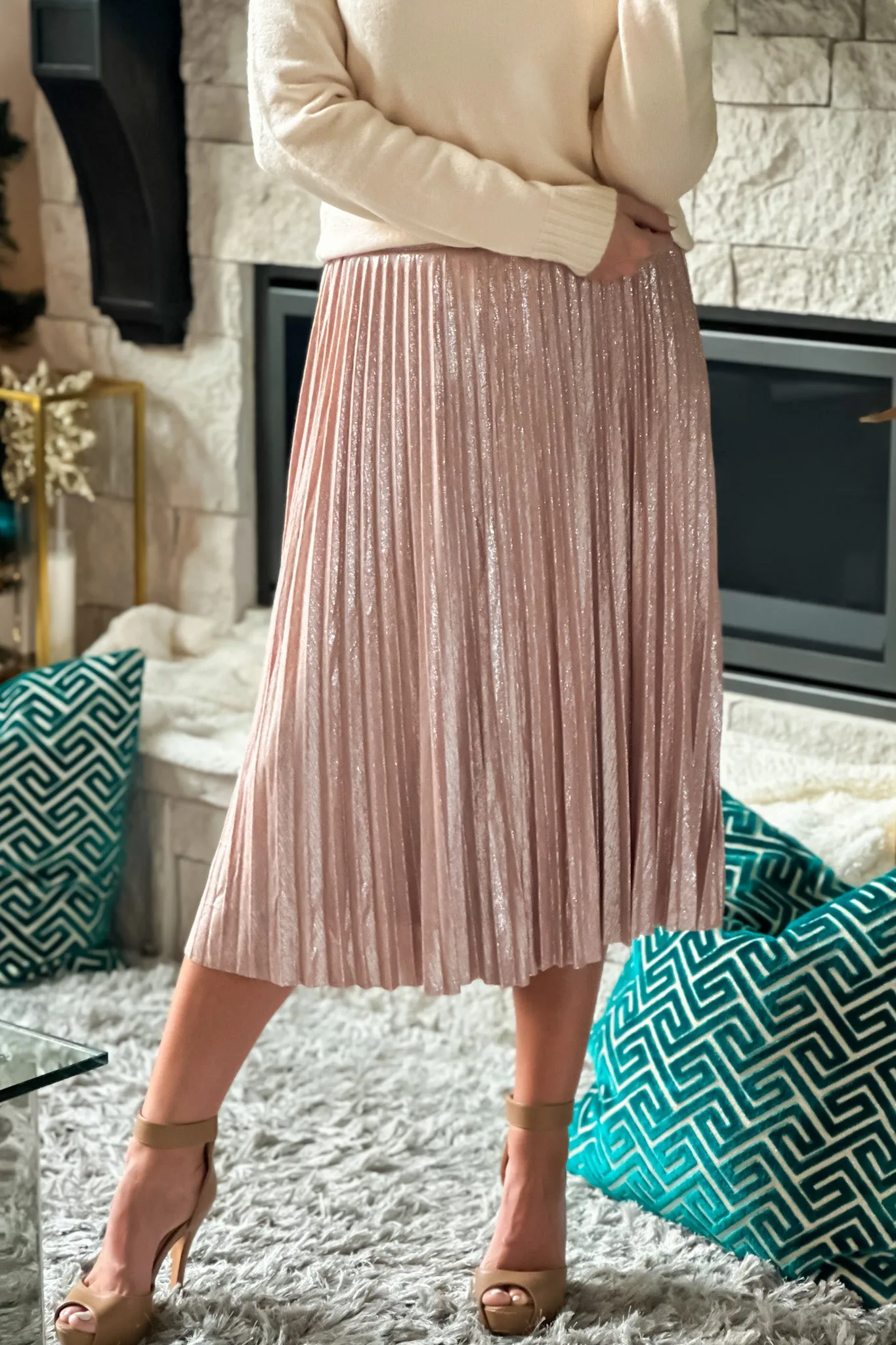 Get Your Attention Sparkle Pleated Skirt : Blush