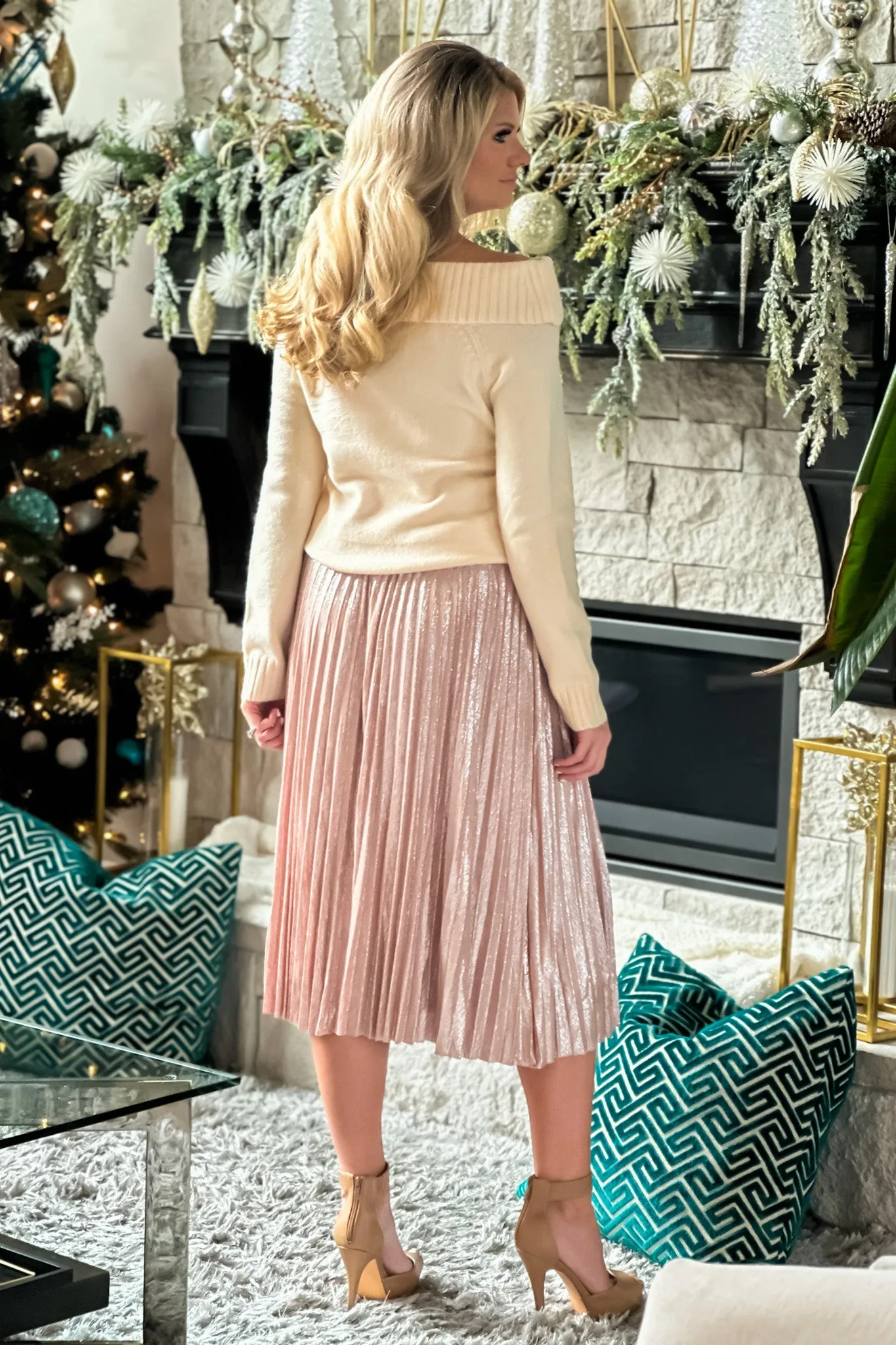 Get Your Attention Sparkle Pleated Skirt : Blush