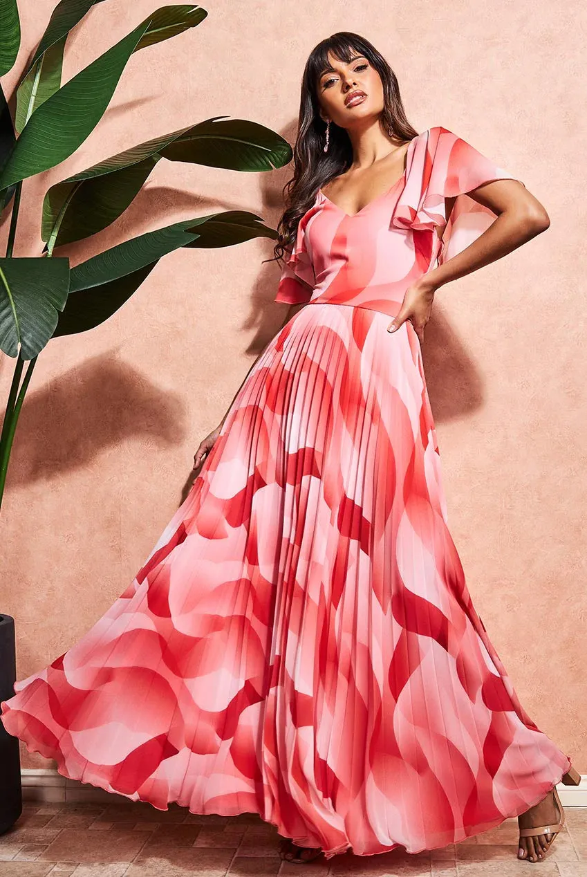 Goddiva Printed Chiffon Pleated Maxi Dress