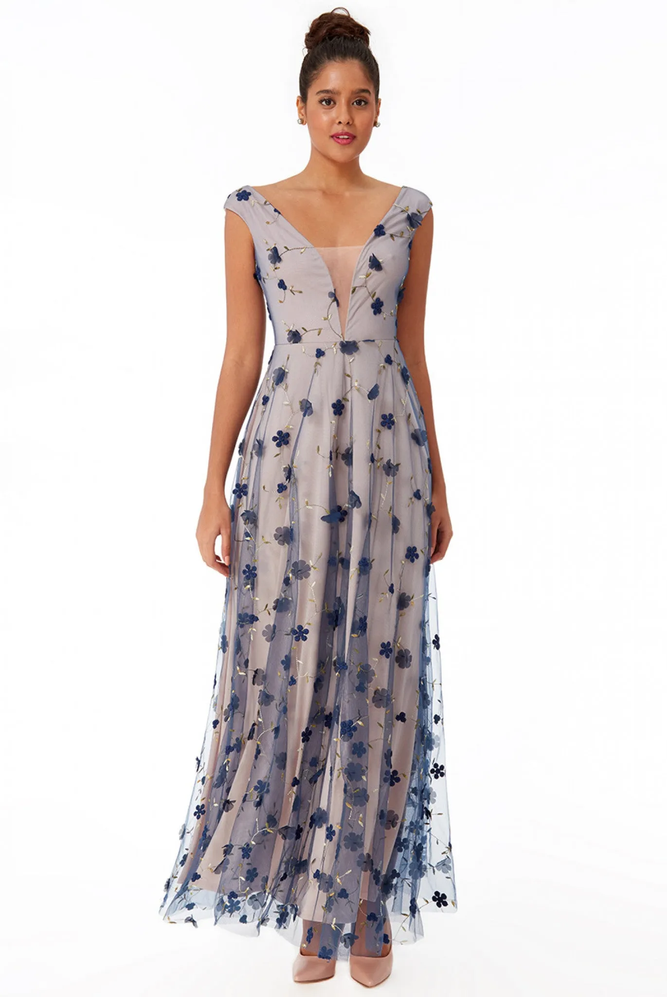 Goddiva Three D Flower Mesh Maxi Dress