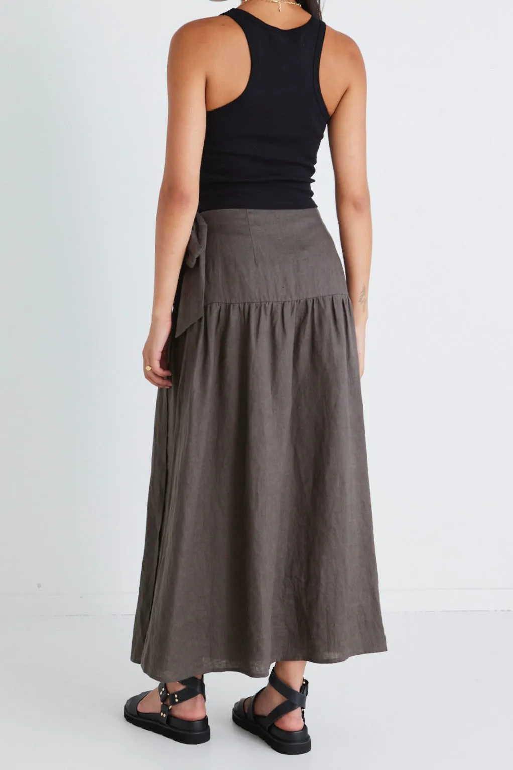 Impact Dark Olive Linen Tiered Wrap Maxi Skirt