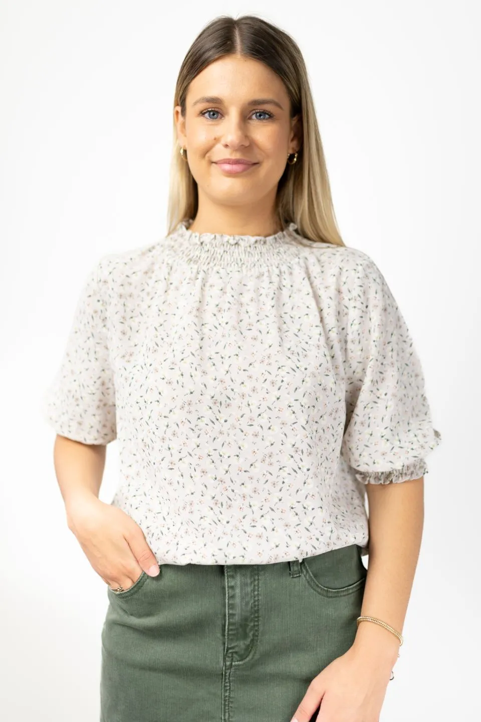 Influential Stone Ditsy Floral SS High Neck Shirred Puff Sleeve Top