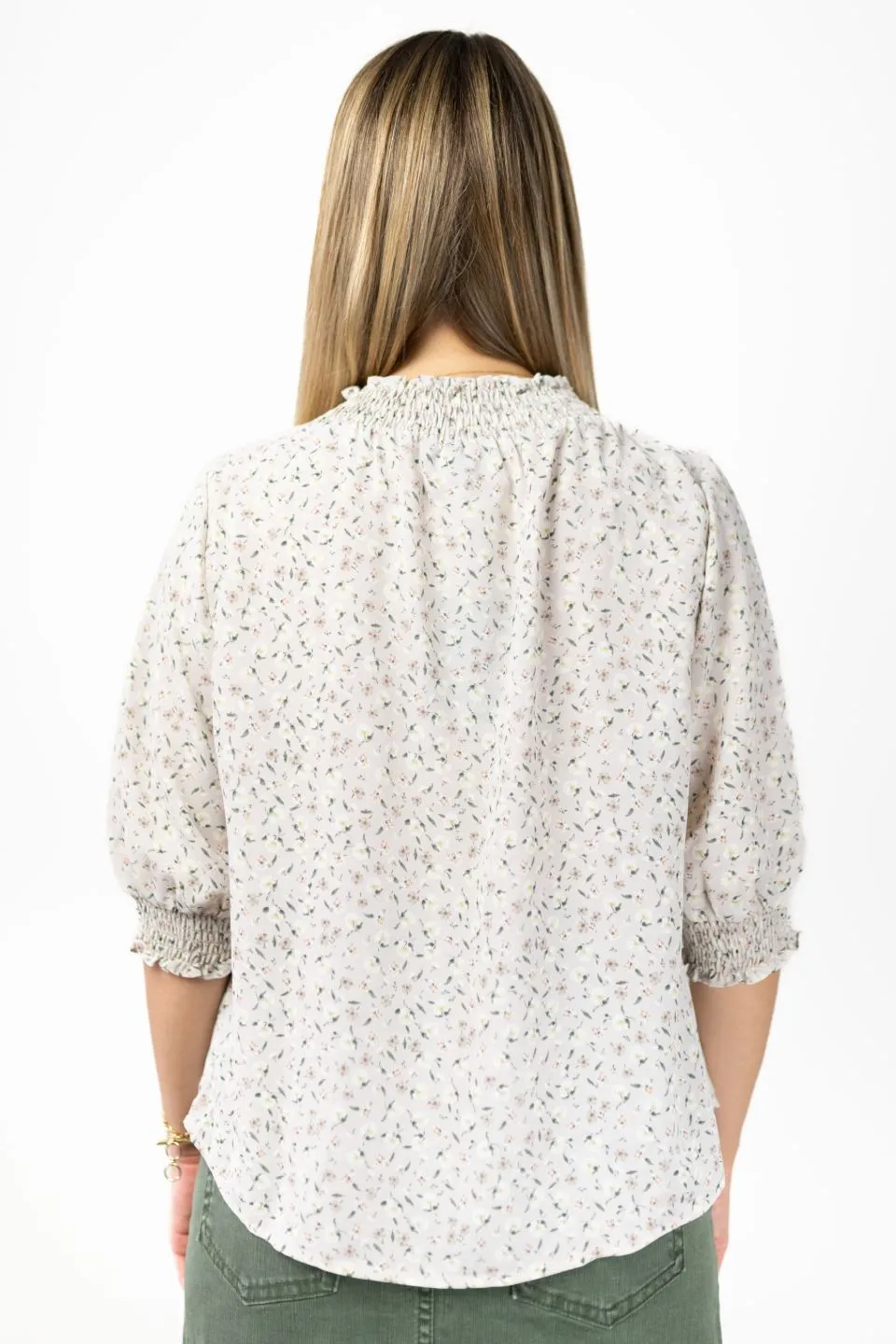 Influential Stone Ditsy Floral SS High Neck Shirred Puff Sleeve Top