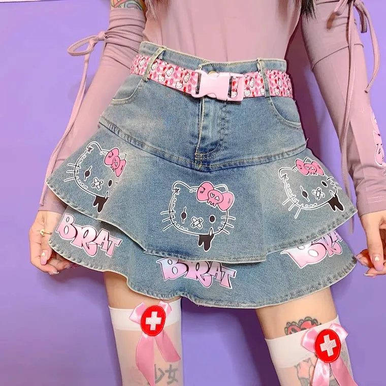 JAPANESE CUTE “HELLO KITTY” Y2K CAKE DENIM SKIRT BY50058