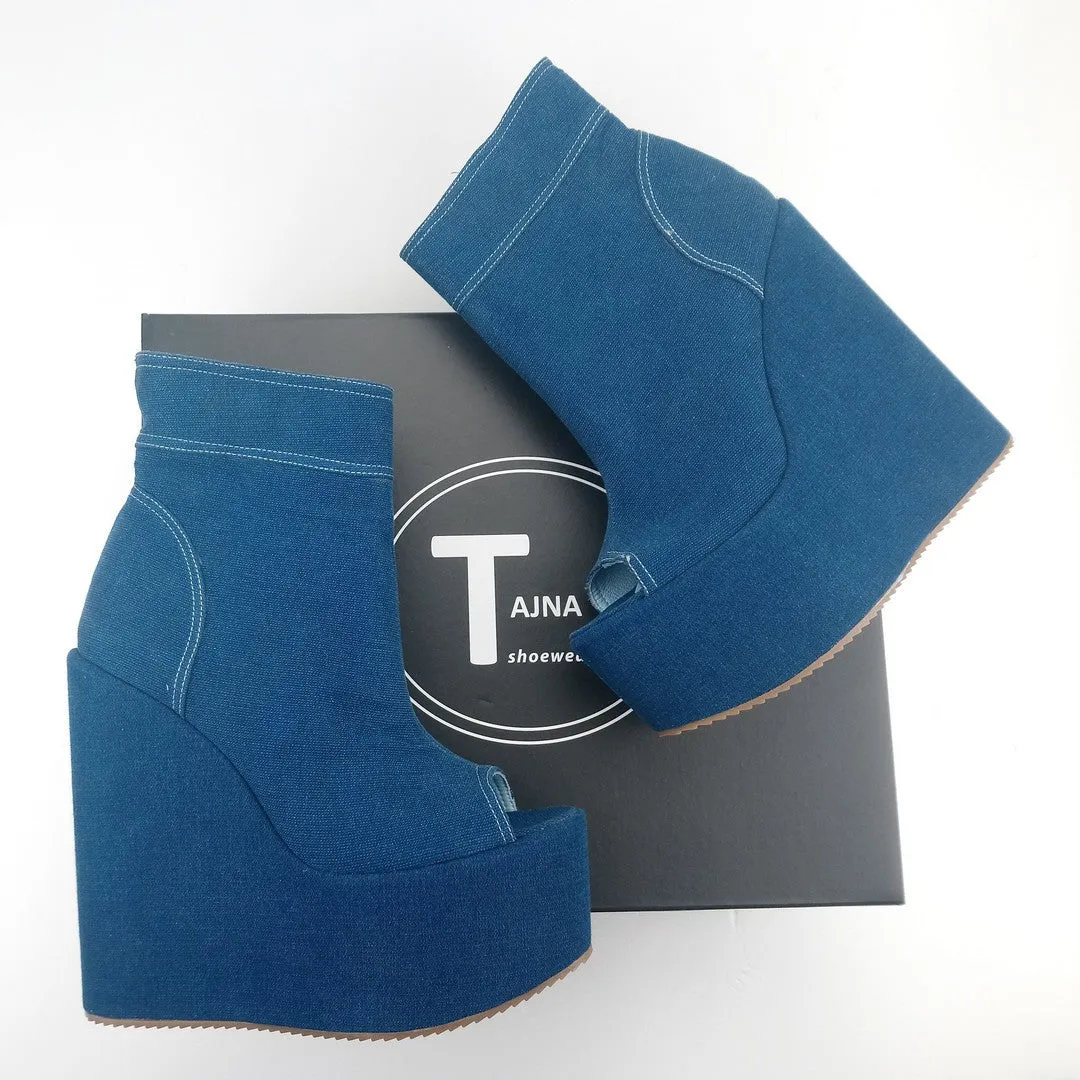 Jean Demin Peep Toe Platform Heel Wedge Booties