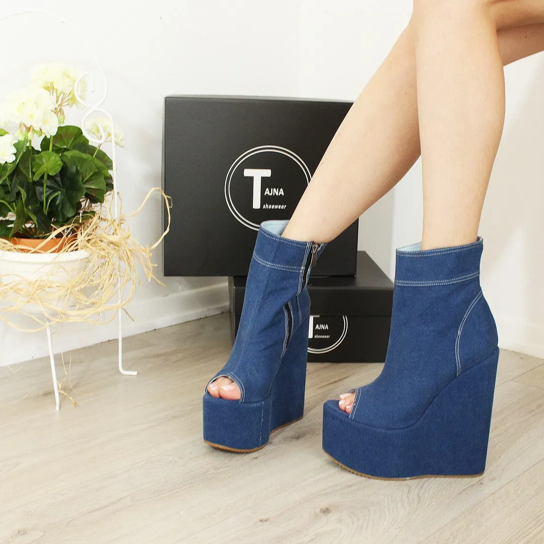 Jean Demin Peep Toe Platform Heel Wedge Booties