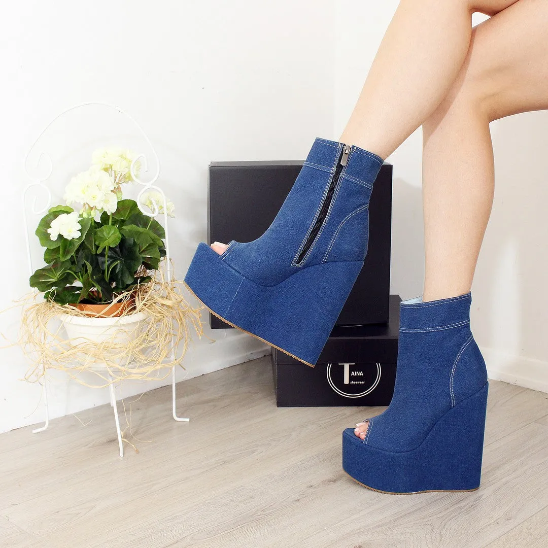 Jean Demin Peep Toe Platform Heel Wedge Booties