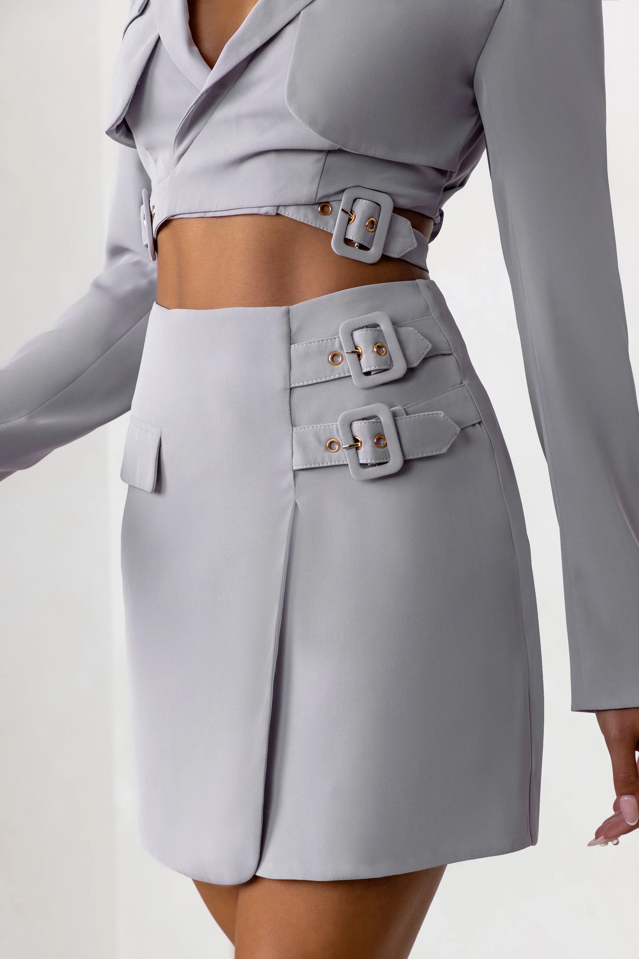 Jet Set | Dove Grey Belt Strap Pocket Detail Mini Skirt