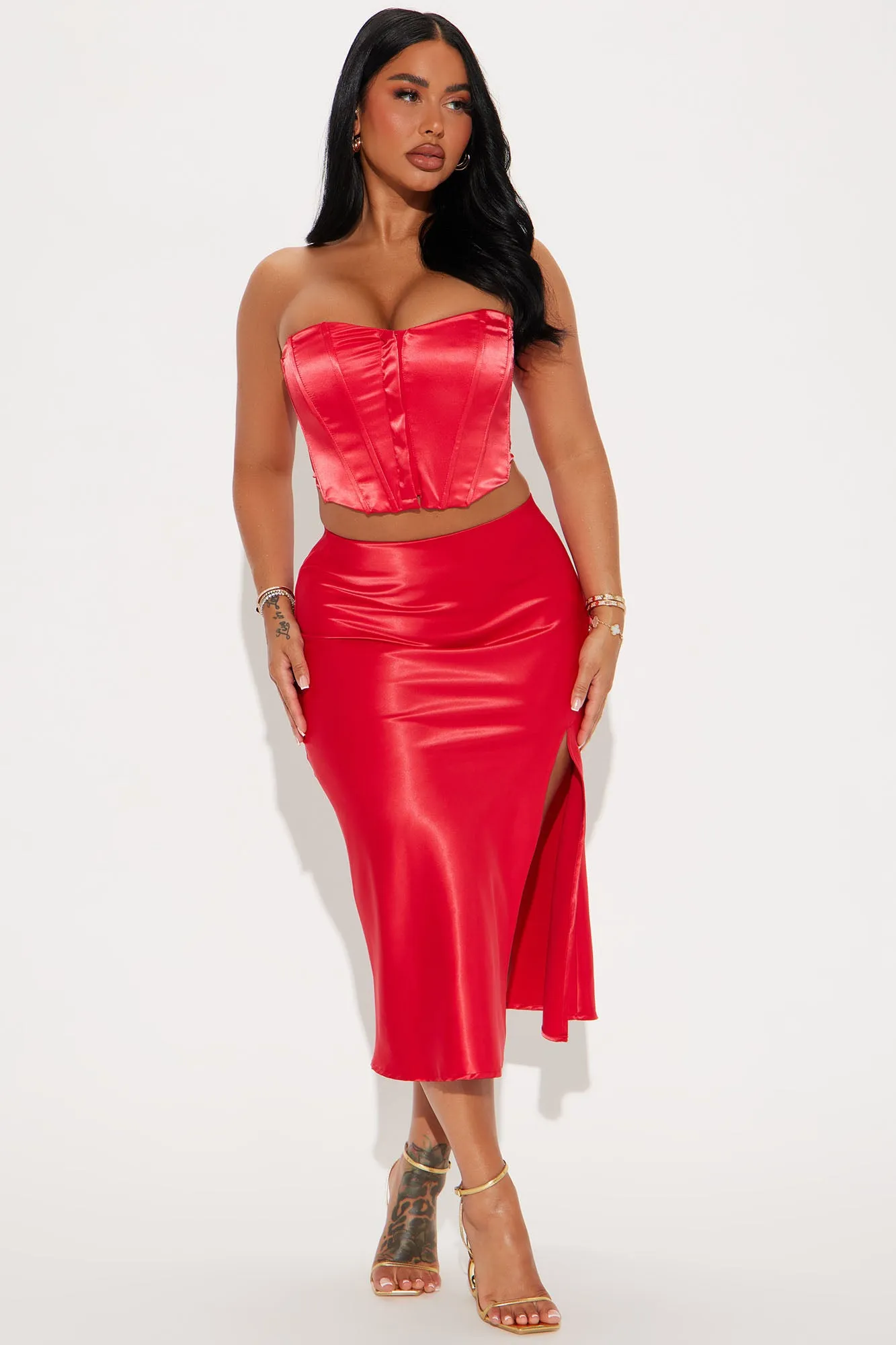 Kristin Satin Skirt Set - Red