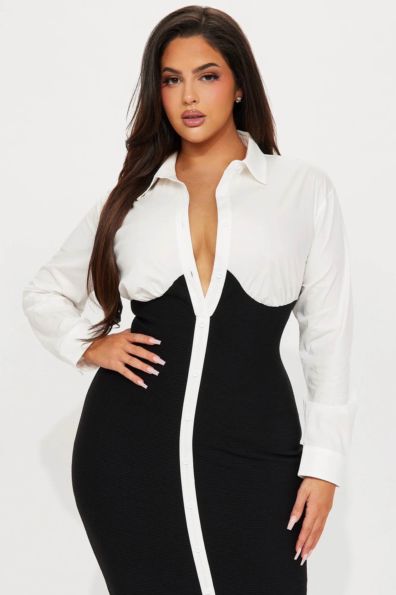 Let's Get Serious Midi Shirt Dress - Black/White