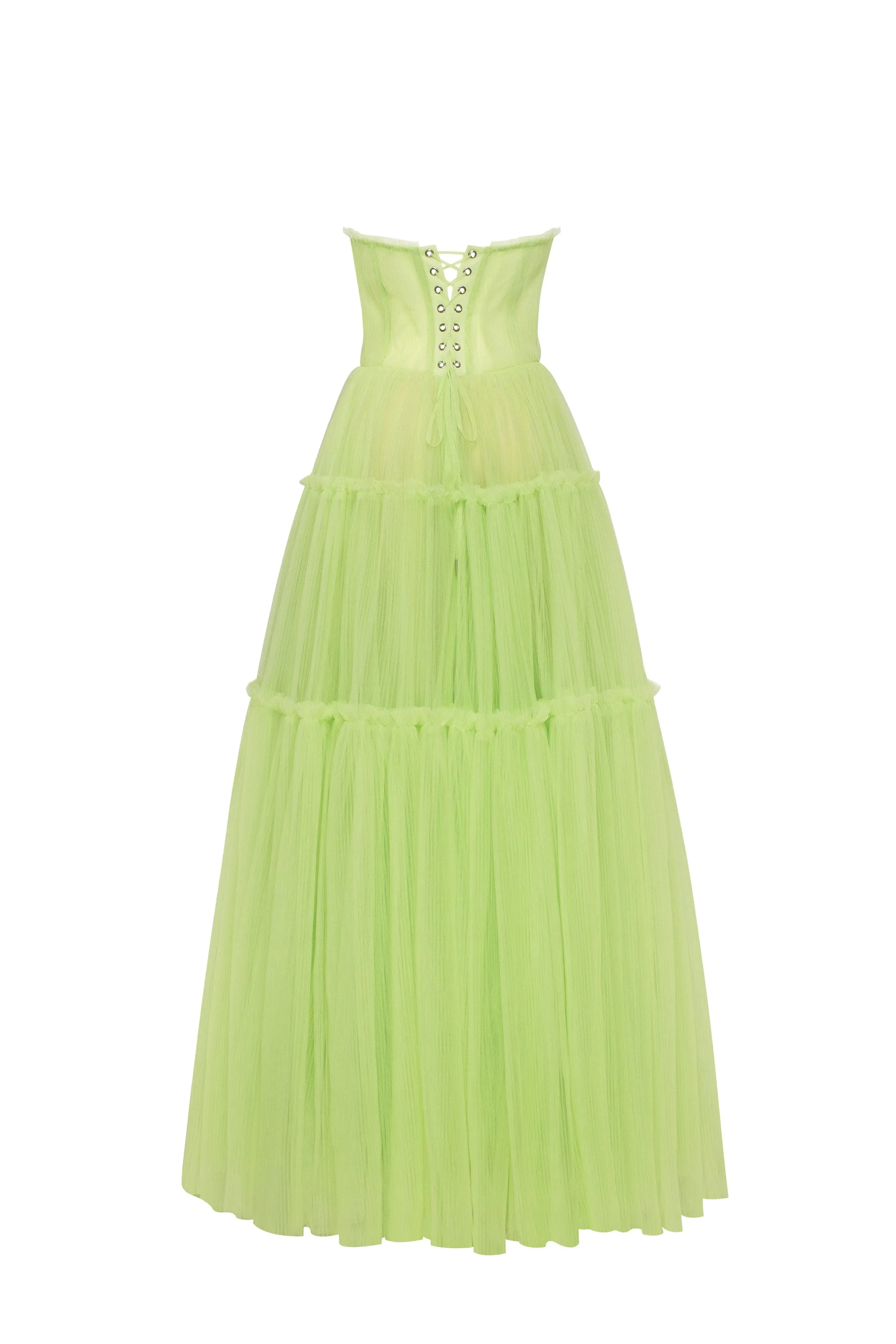 Light green tulle maxi dress with ruffled skirt, Garden of Eden