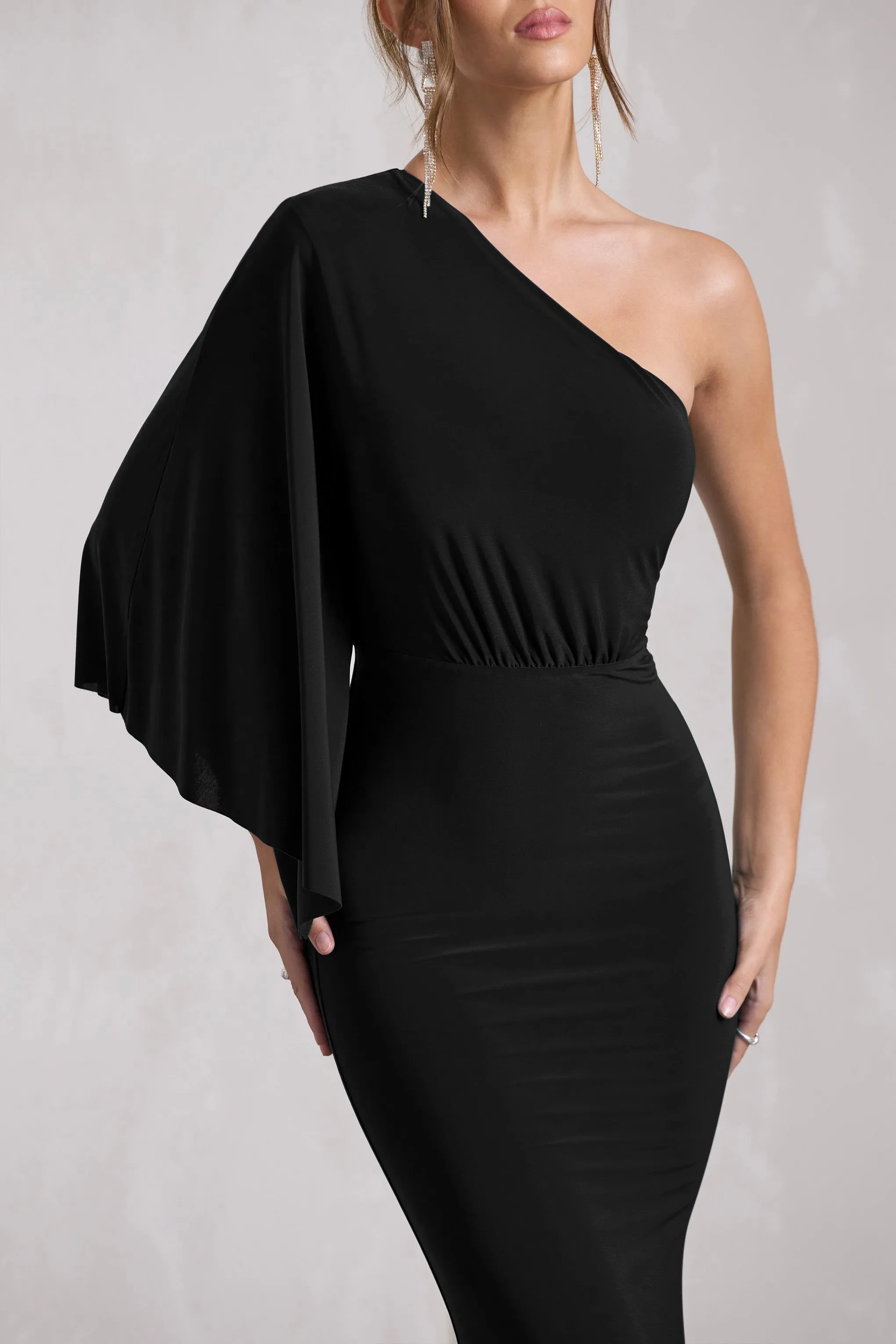 Luciana | Black One Shoulder Drape Sleeve Maxi Dress