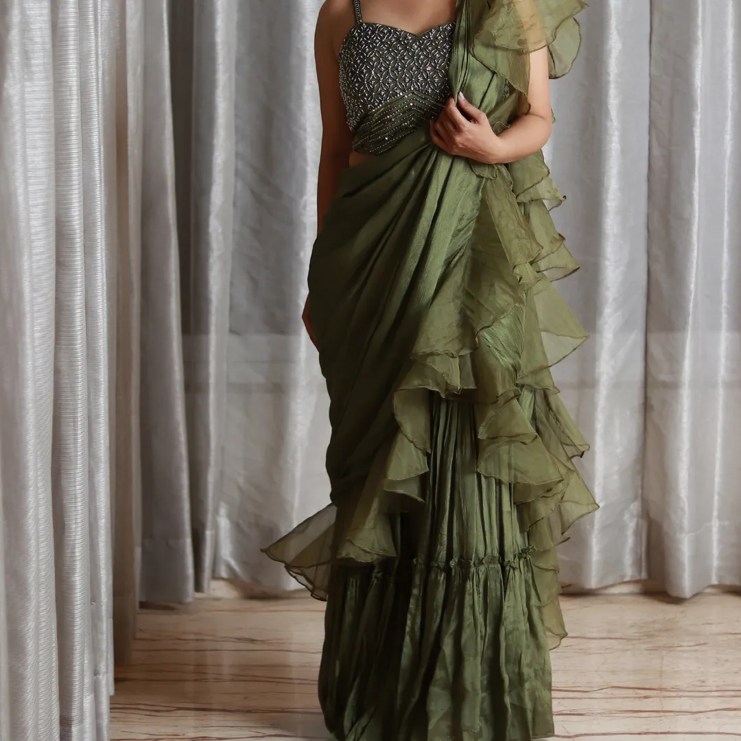 Mehndi Green Chinnon Drape Saree with Organza Ruffles and Intricate Hand Embroidered Blouse