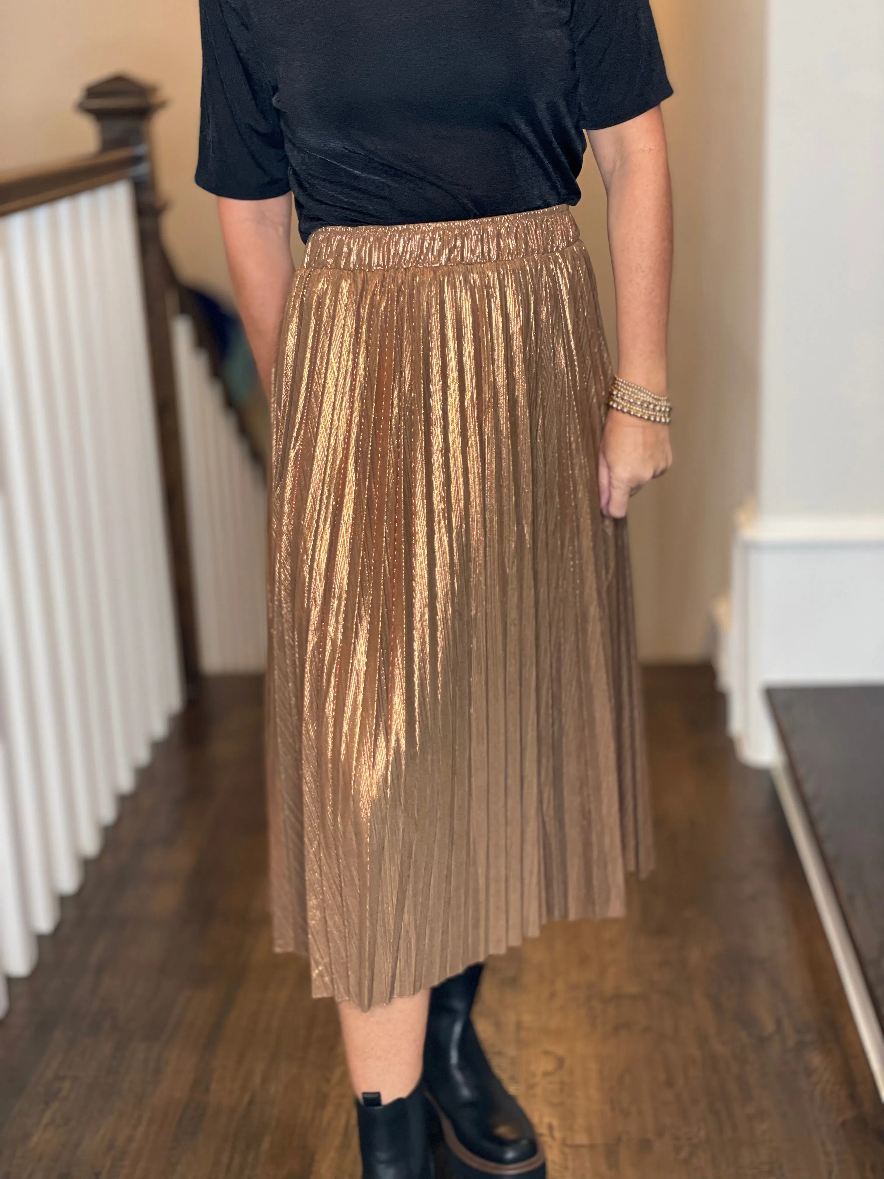 Molly Bracken Metallic Pleated Skirt in Rust