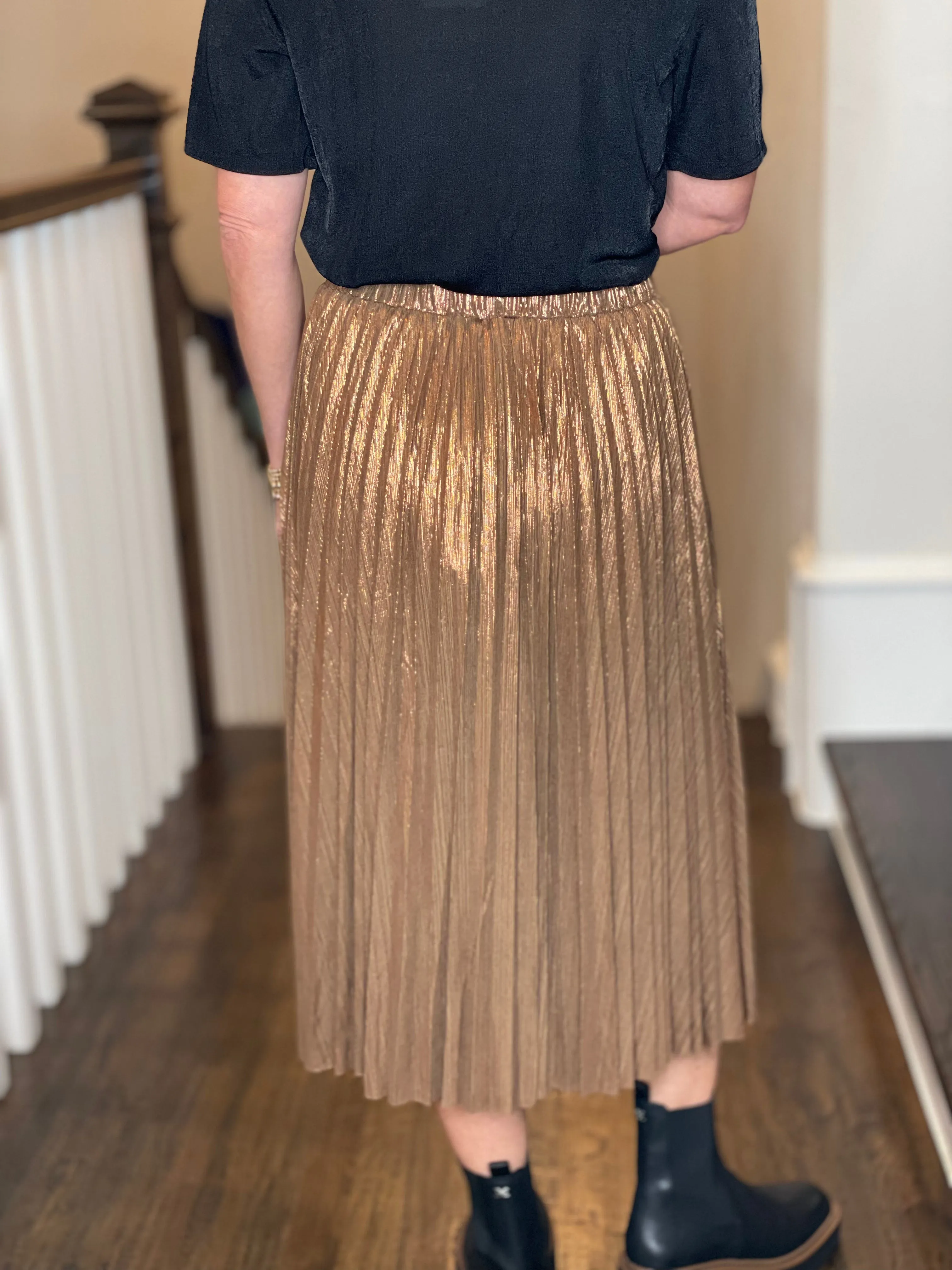 Molly Bracken Metallic Pleated Skirt in Rust