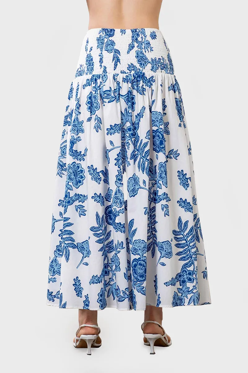 Moon River Floral Print Smocked Midi Skirt