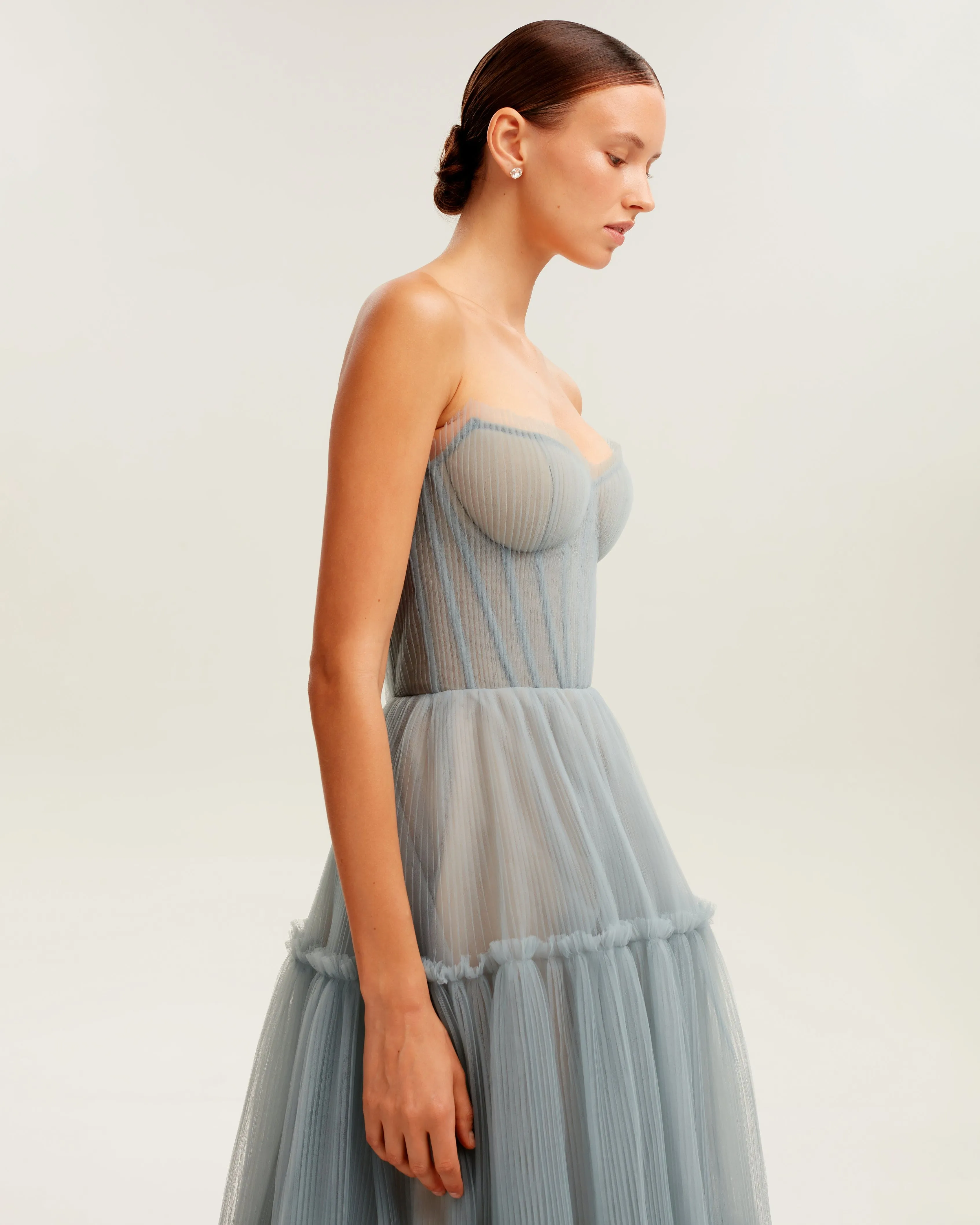 Ocean wave tulle maxi dress with ruffled skirt, Garden of Eden