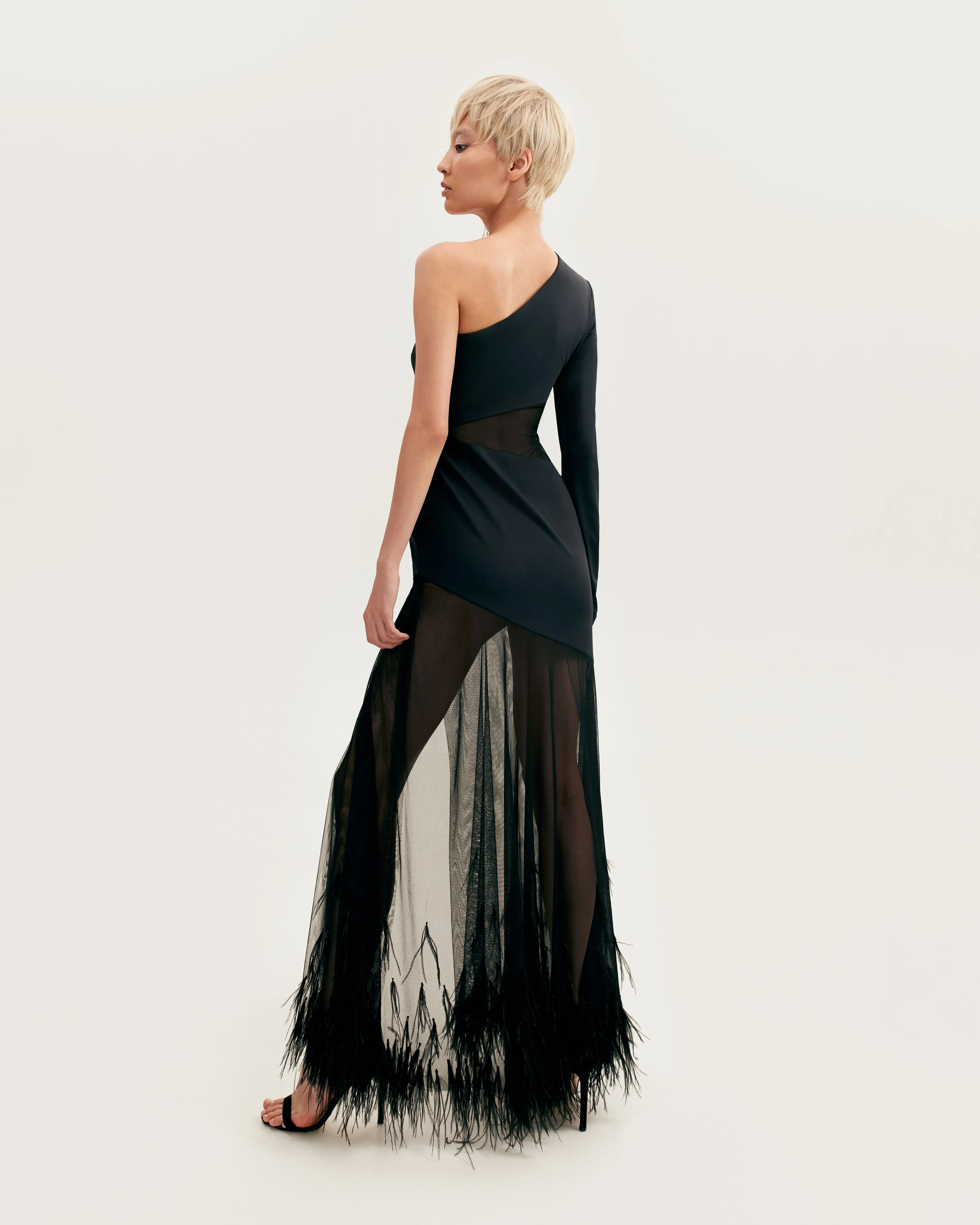 One-shoulder maxi dress with feather-trimmed bottom, Xo Xo