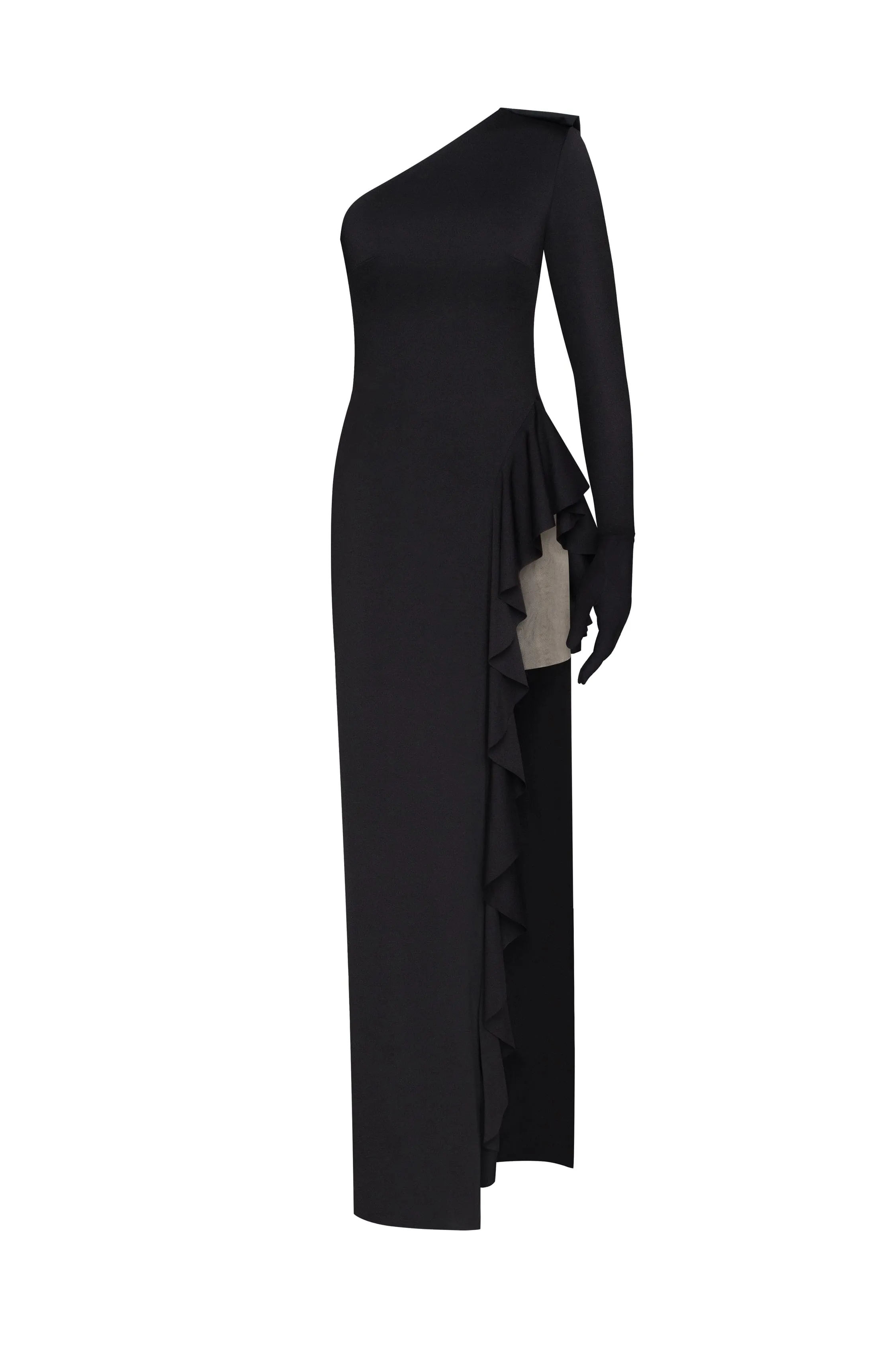 One-shoulder ruffle-trimmed maxi dress in black, Xo Xo