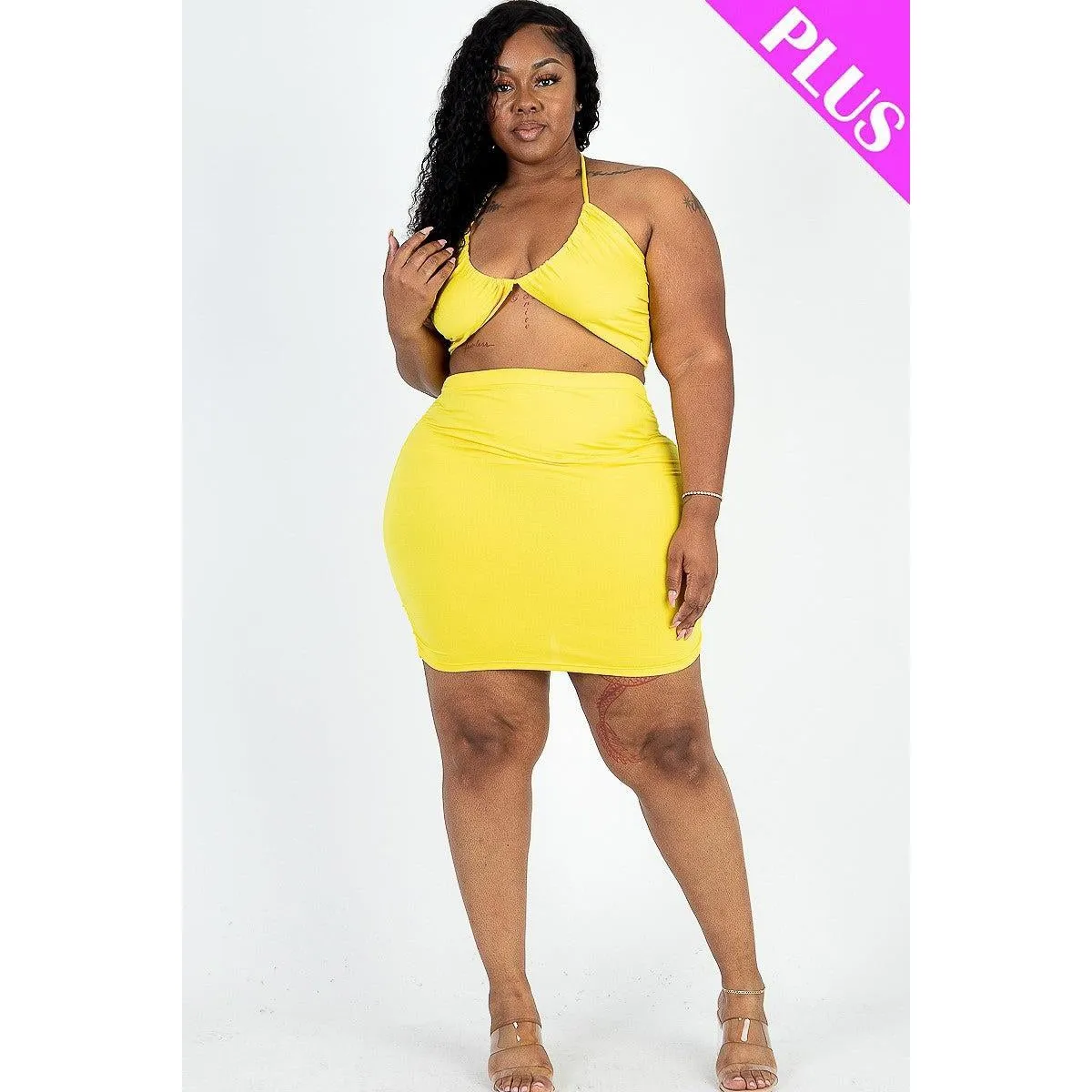 Plus Size Sexy Solid Crisscross Halter Top & Ruched Mini Skirt Set