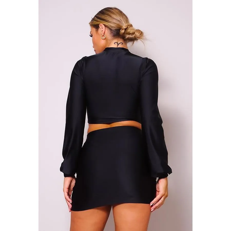 Puff Long Sleeve Front Cutout Turtleneck Blouse & Side Ruched Garter Mini Skirt Set