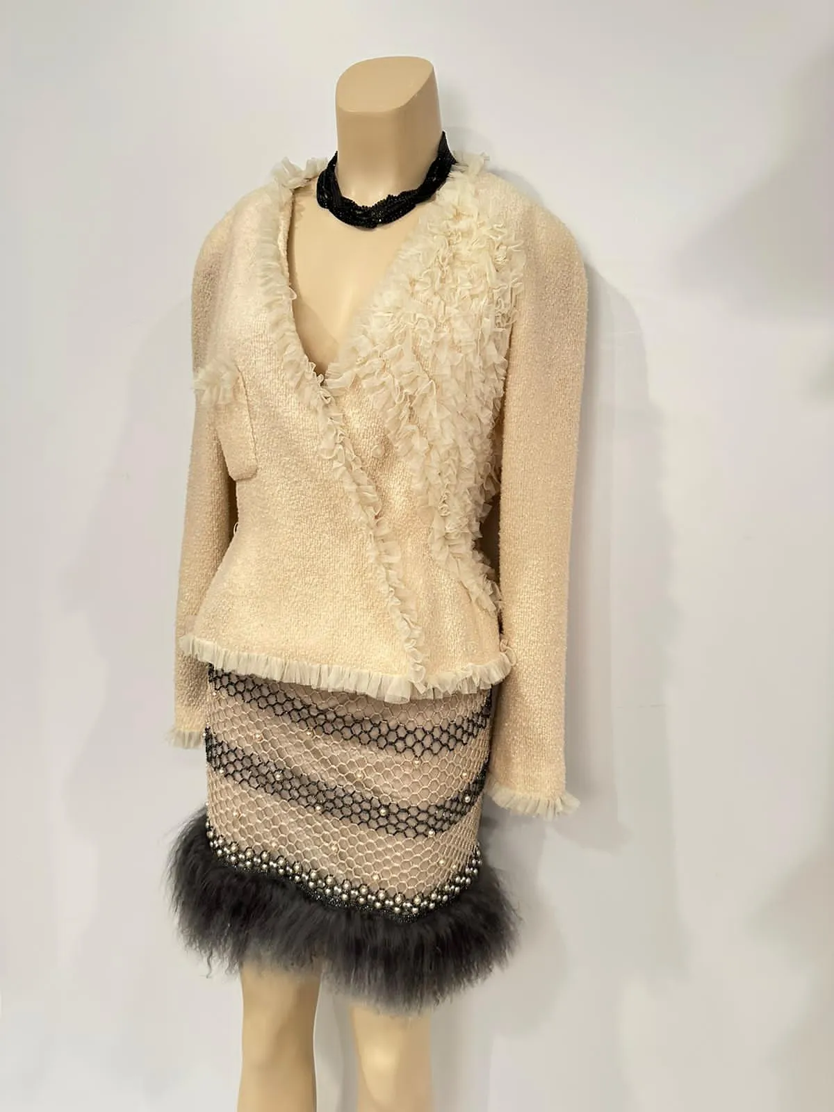 Rare New with Tags Chanel 03A 2003 Fall Beige Brown Pearl Feather Trim Mini Skirt  FR 38