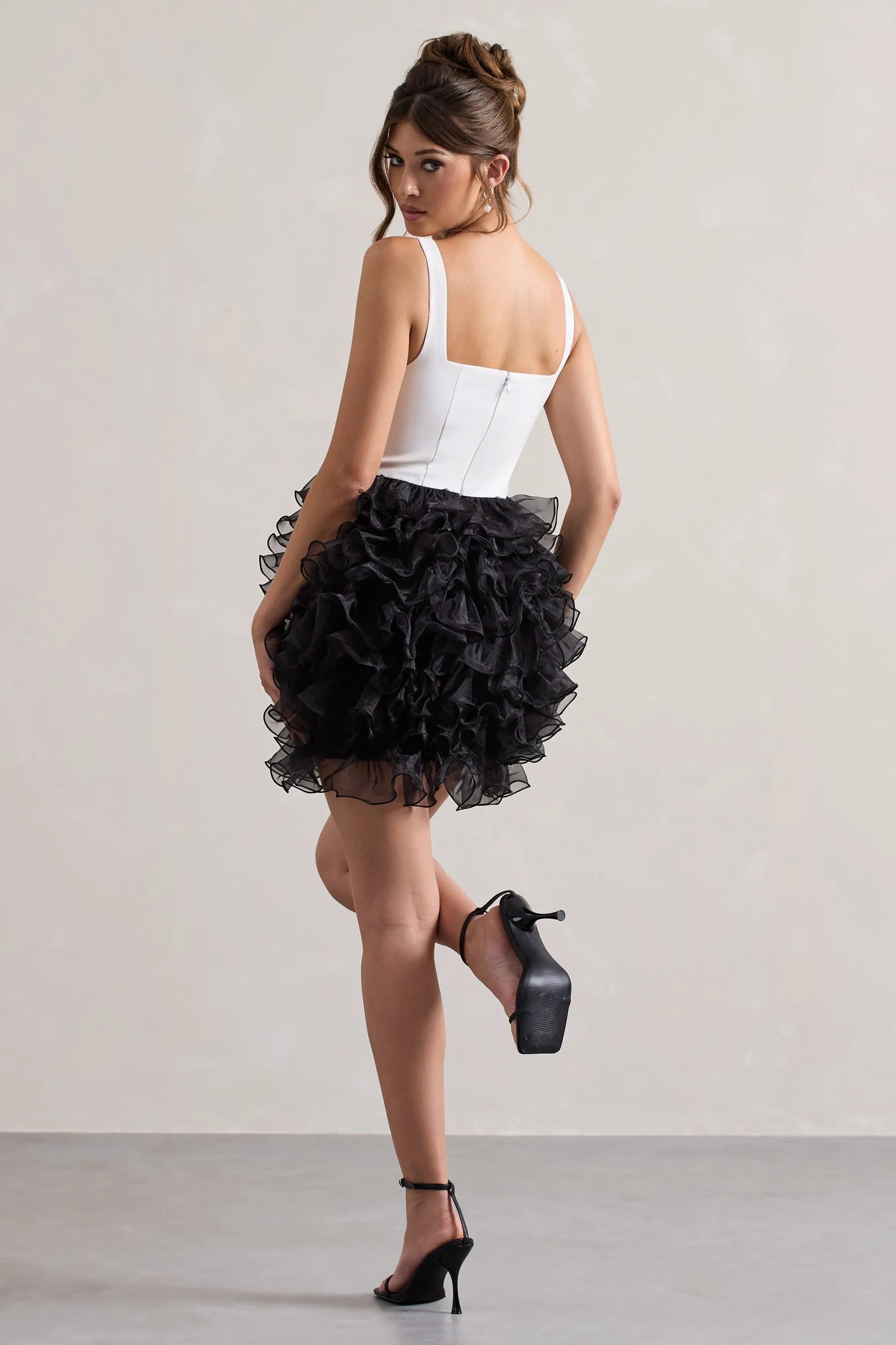 Riot | Black & White Plunge-Neck Mini Dress With Organza Skirt