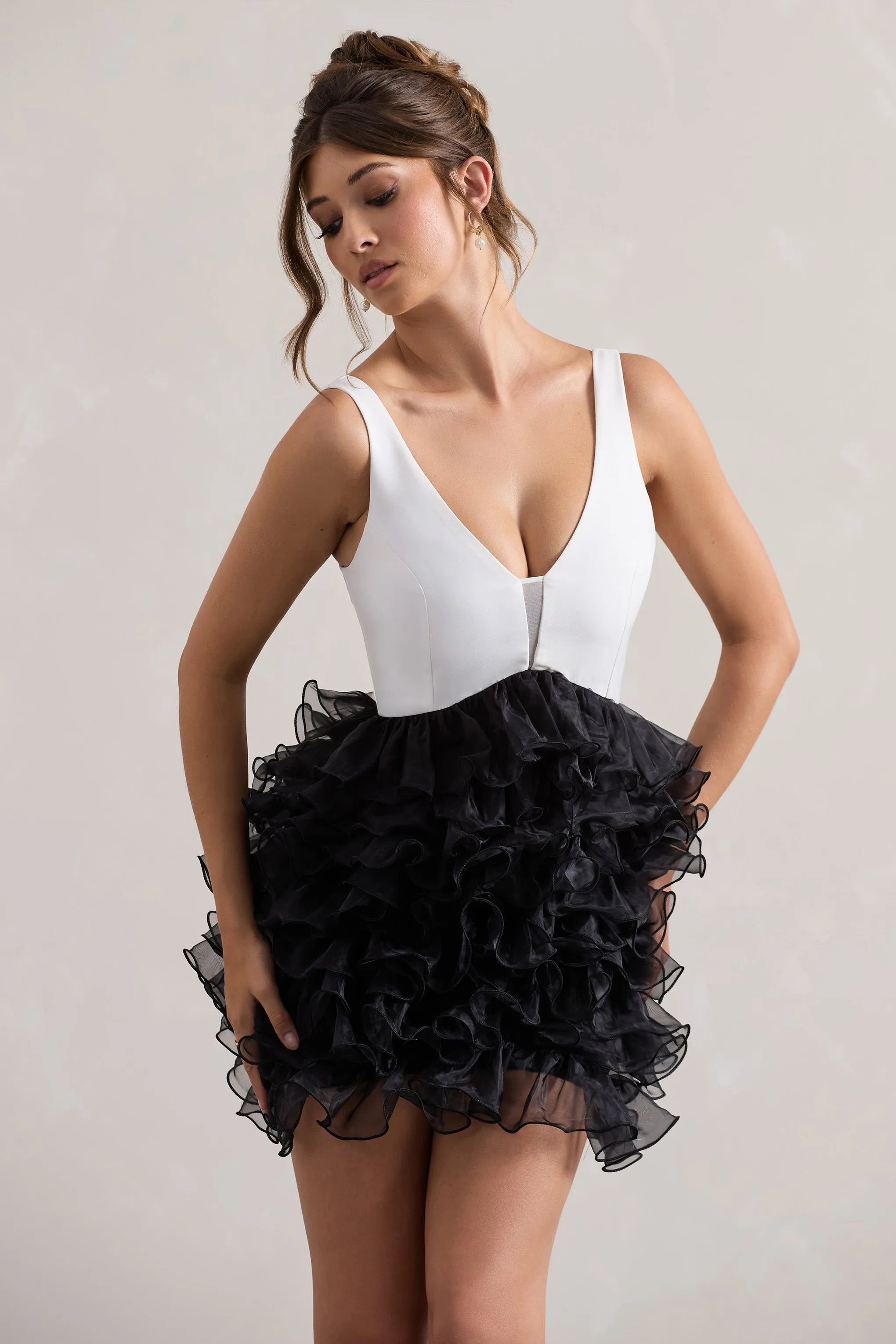 Riot | Black & White Plunge-Neck Mini Dress With Organza Skirt