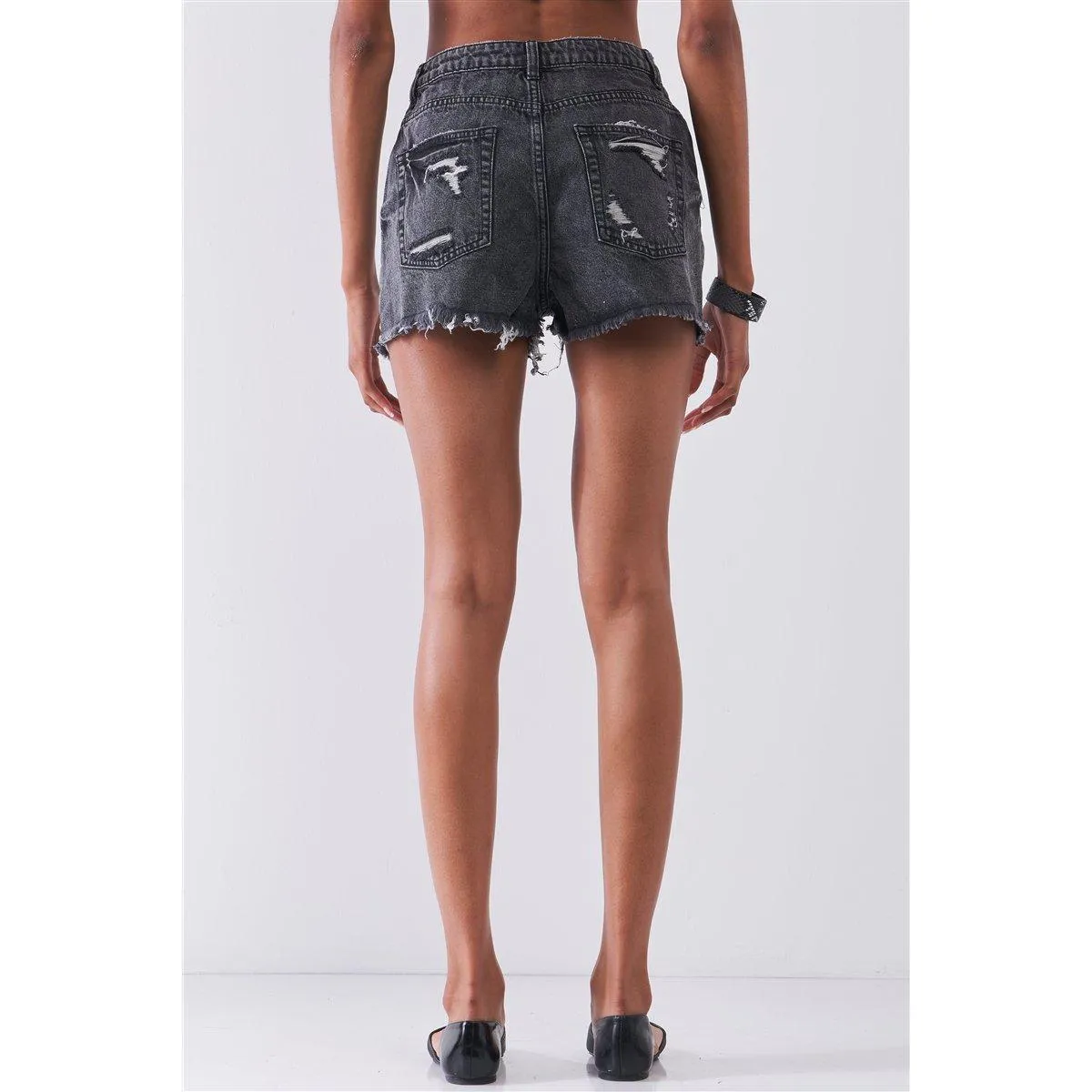 Ripped High-waist Front Zip-up Raw Hem Detail Distressed Mini Shorts