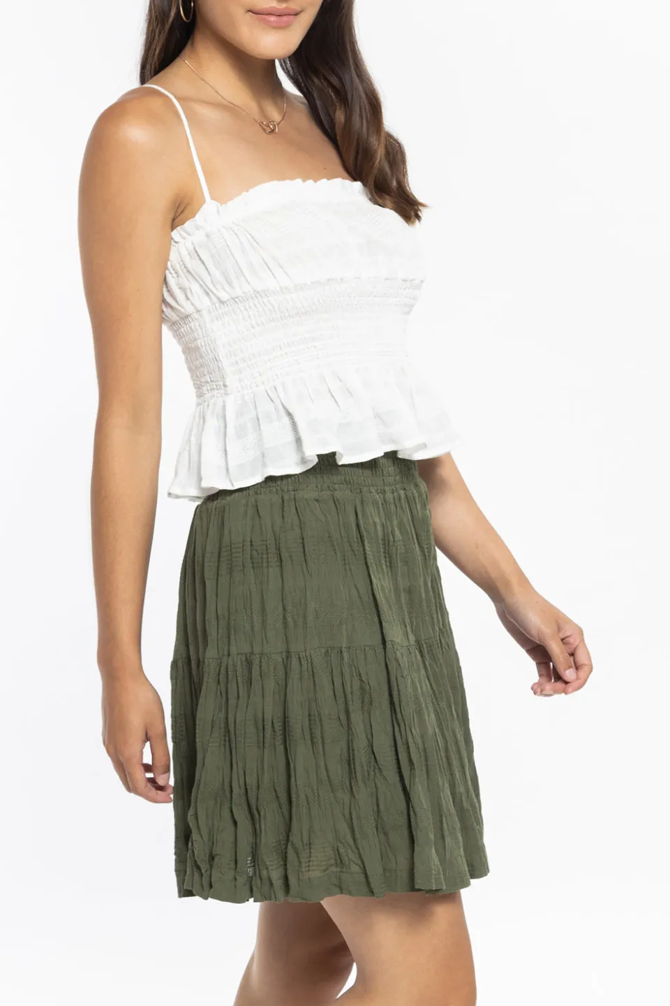 Rosabella Forest Shirred Cotton Tiered Mini Skirt