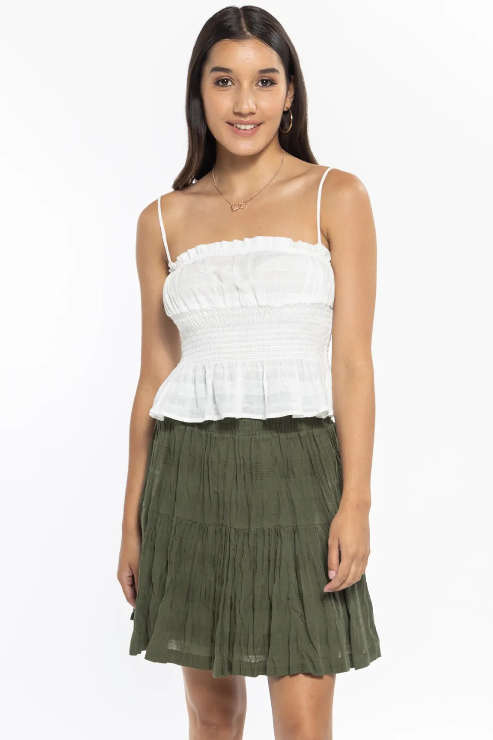 Rosabella Forest Shirred Cotton Tiered Mini Skirt