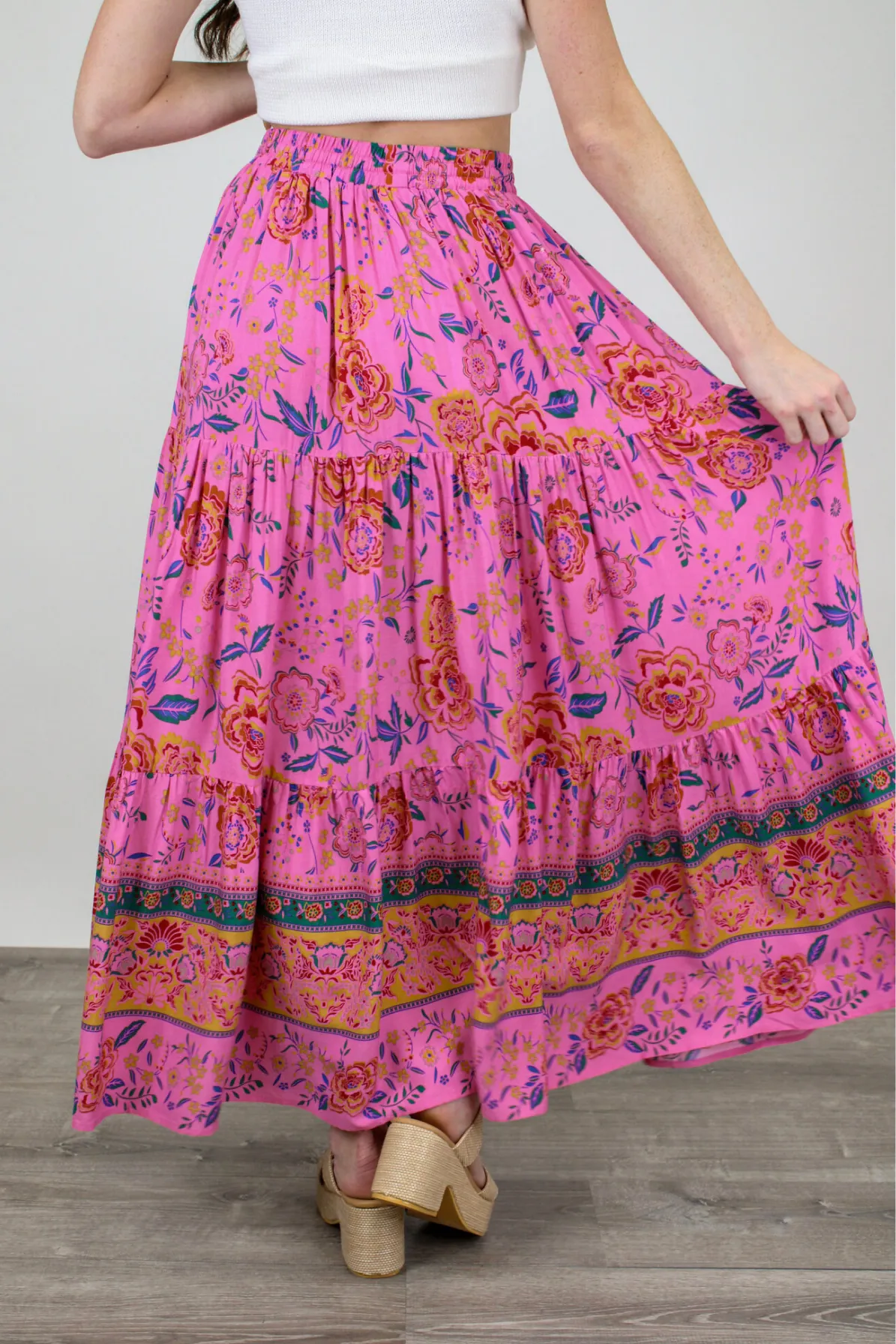 Elegant Rosalie Floral Maxi Skirt for Women – Boho Chic Design with Flowing Fabric and Vibrant Bloom Print