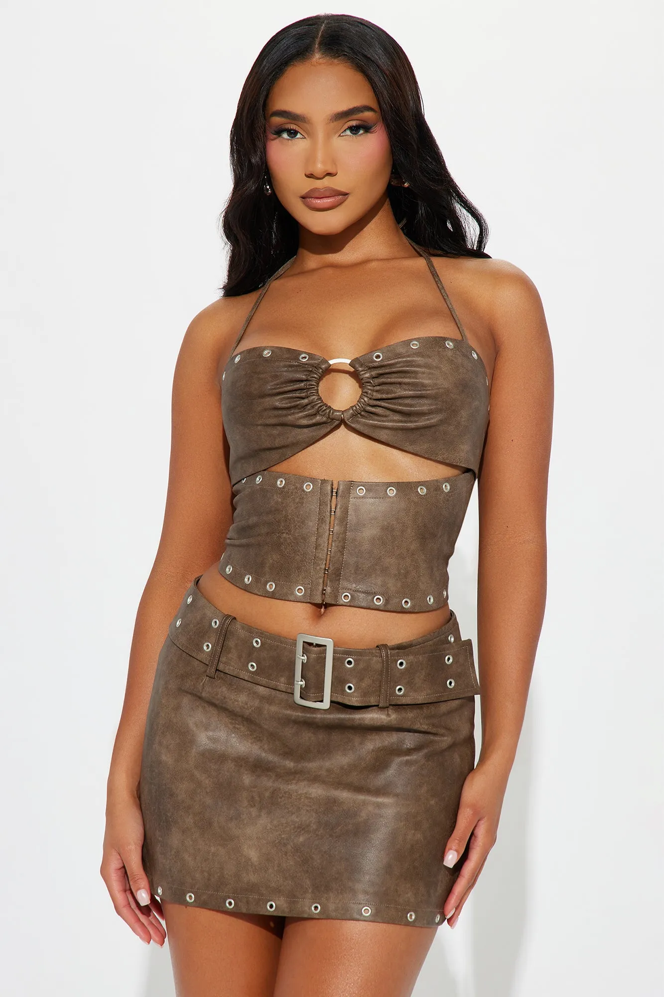 Saaya Faux Leather Skirt Set - Brown