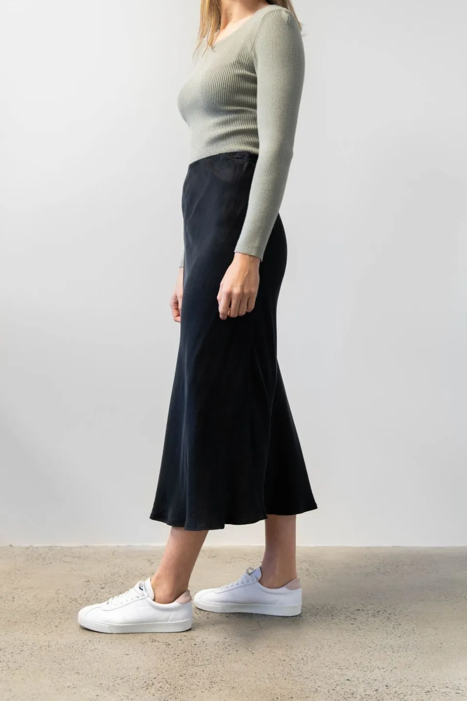 Saturn Black Cupro Bias Cut Midi Skirt