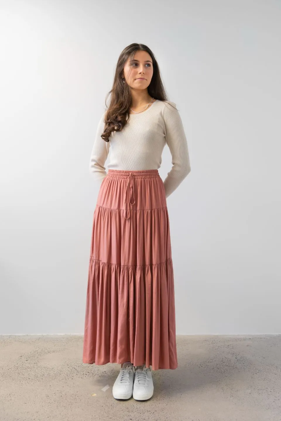 Sensational Terracotta Tiered Satin Tie Waist Maxi Skirt