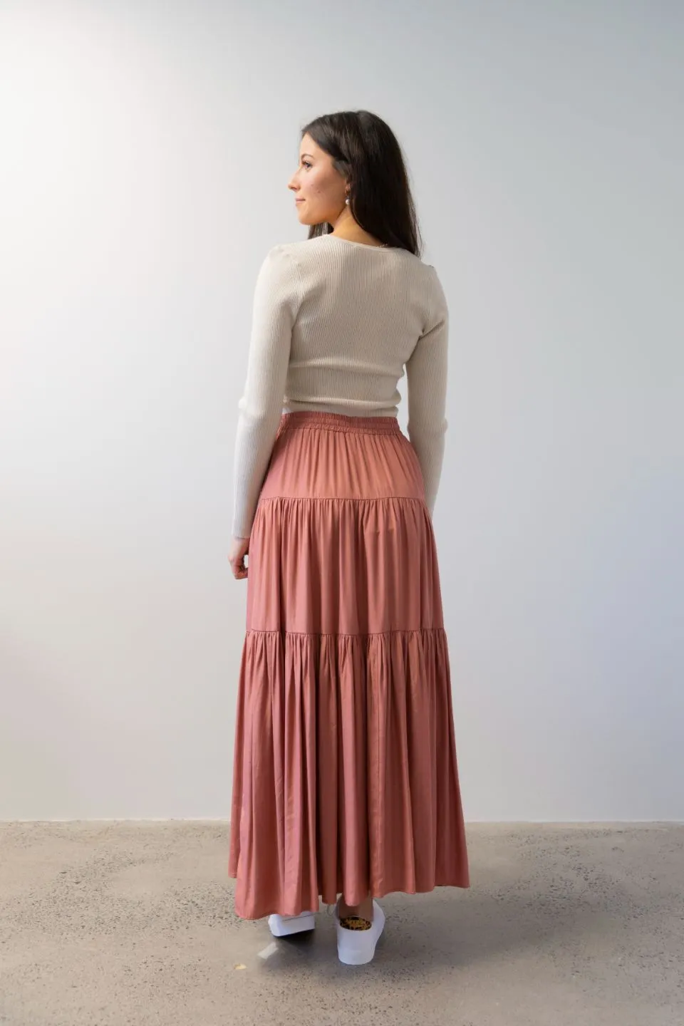 Sensational Terracotta Tiered Satin Tie Waist Maxi Skirt