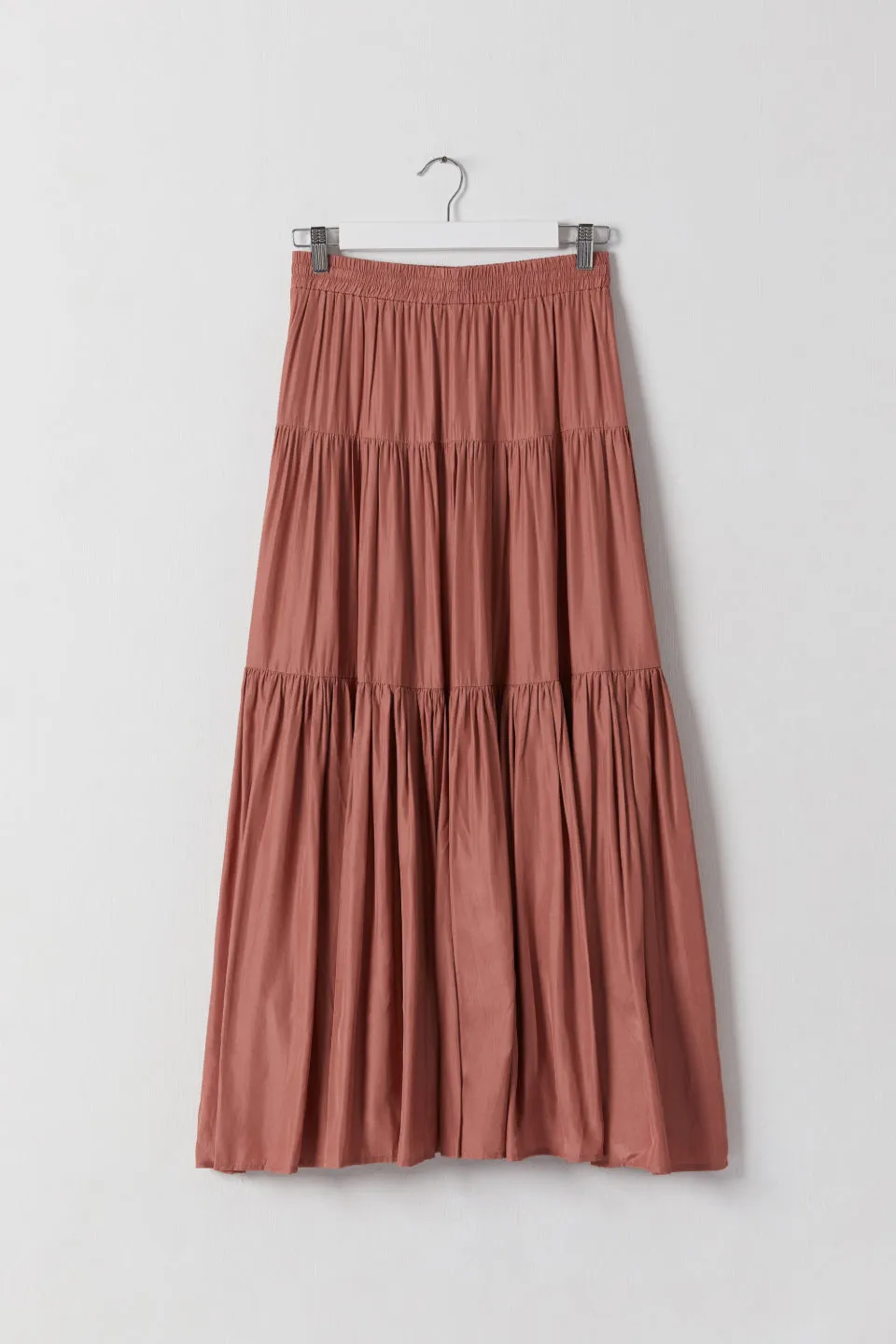 Sensational Terracotta Tiered Satin Tie Waist Maxi Skirt