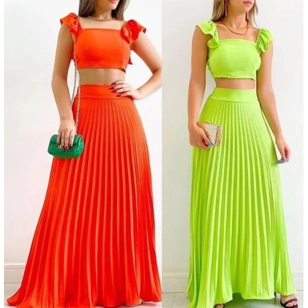 Sexy Pleated Skirt and Square Neck Top Set