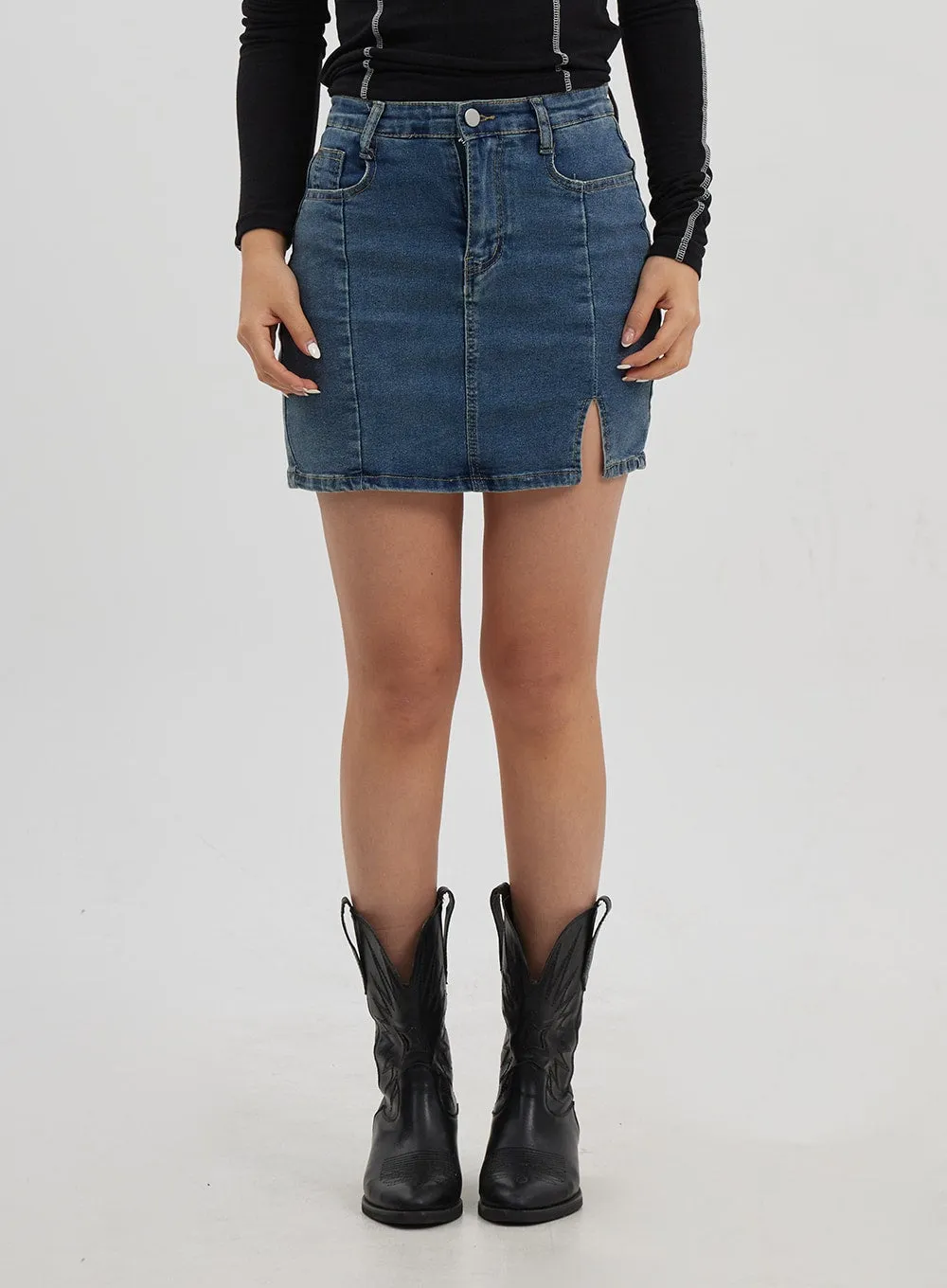 Side Slit Denim Mini Skirt CJ325