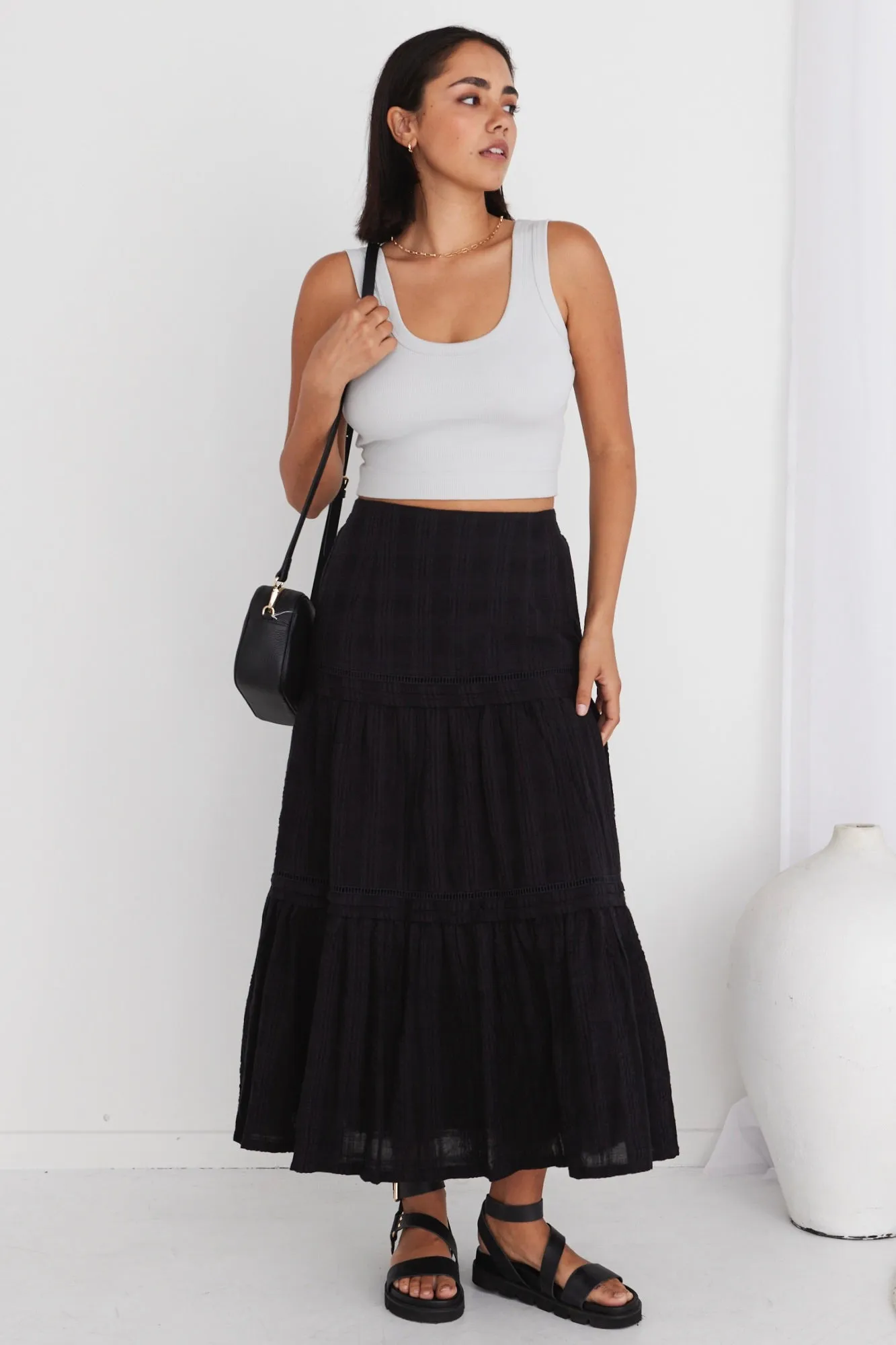 Sleepless Black Tiered Pintuck Maxi Skirt