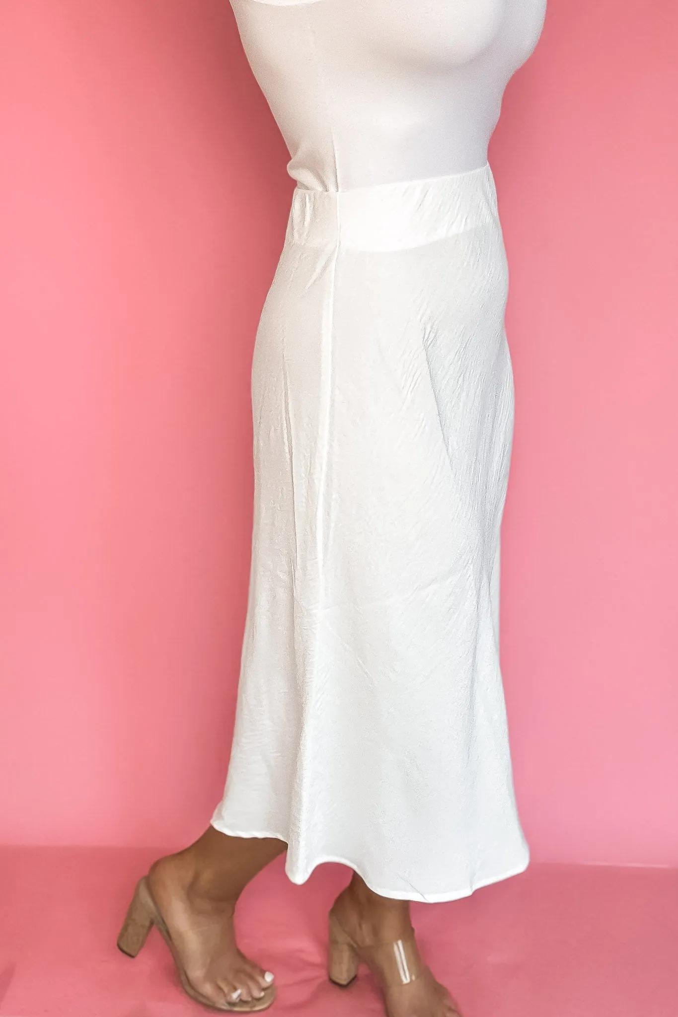 Spin Me Around Off White Elastic High Waisted Midi Flare Skirt