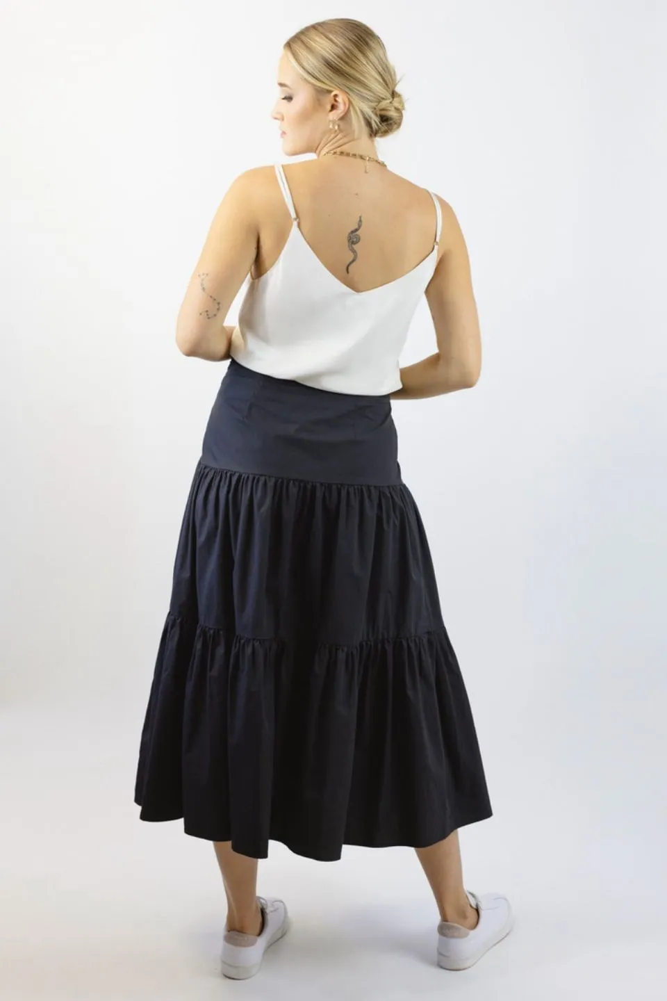 Stella Black Poplin Deep Basque Tiered Midi Skirt