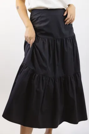 Stella Black Poplin Deep Basque Tiered Midi Skirt