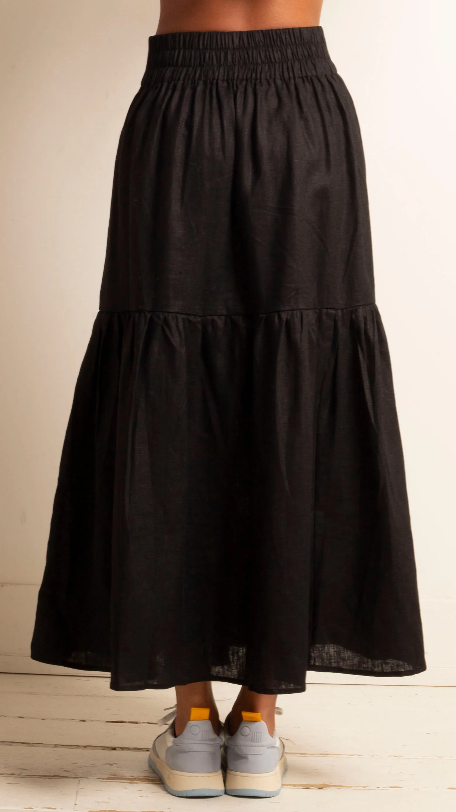 Summer Linen Tiered Maxi Skirt - Black