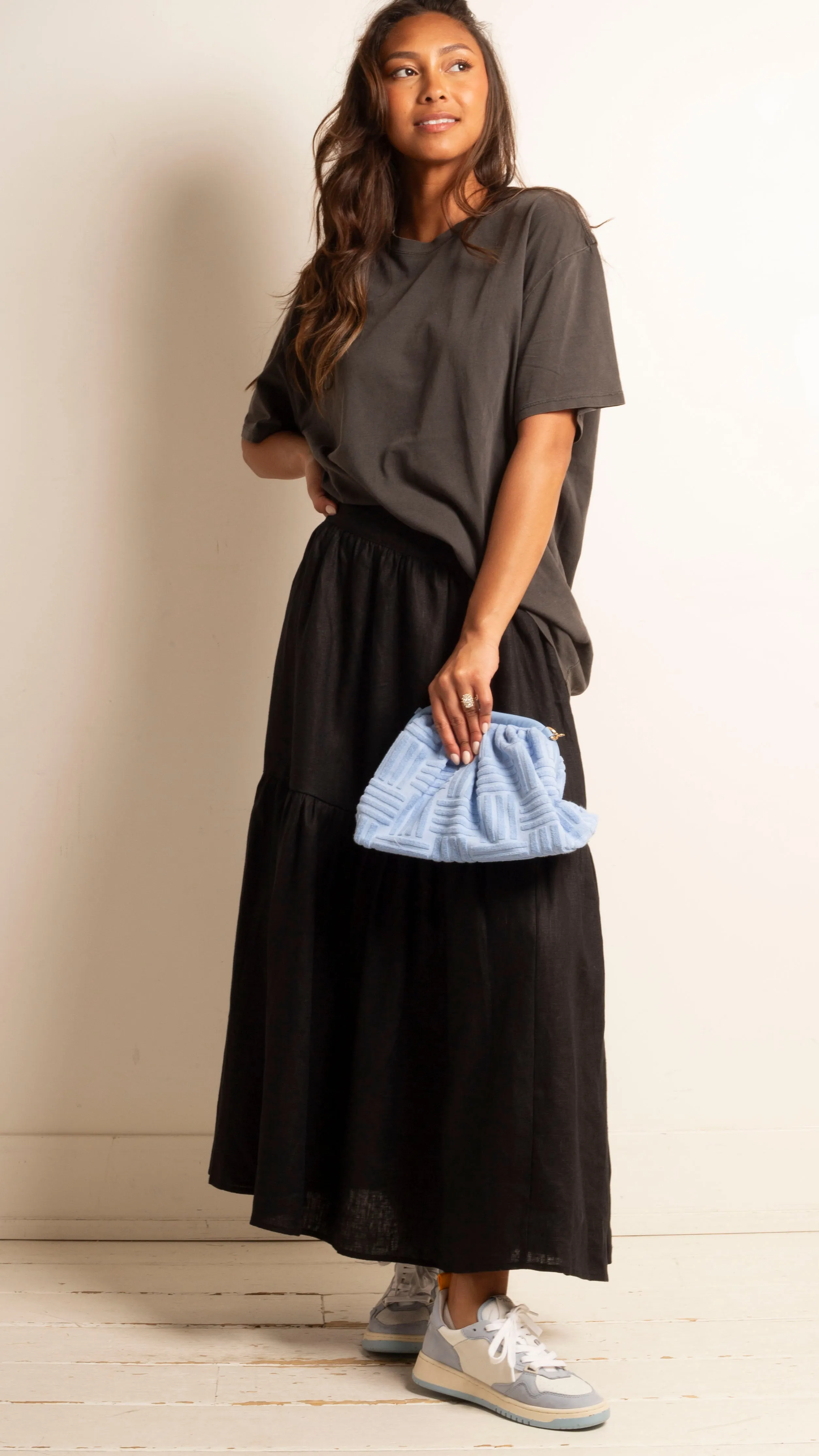 Summer Linen Tiered Maxi Skirt - Black