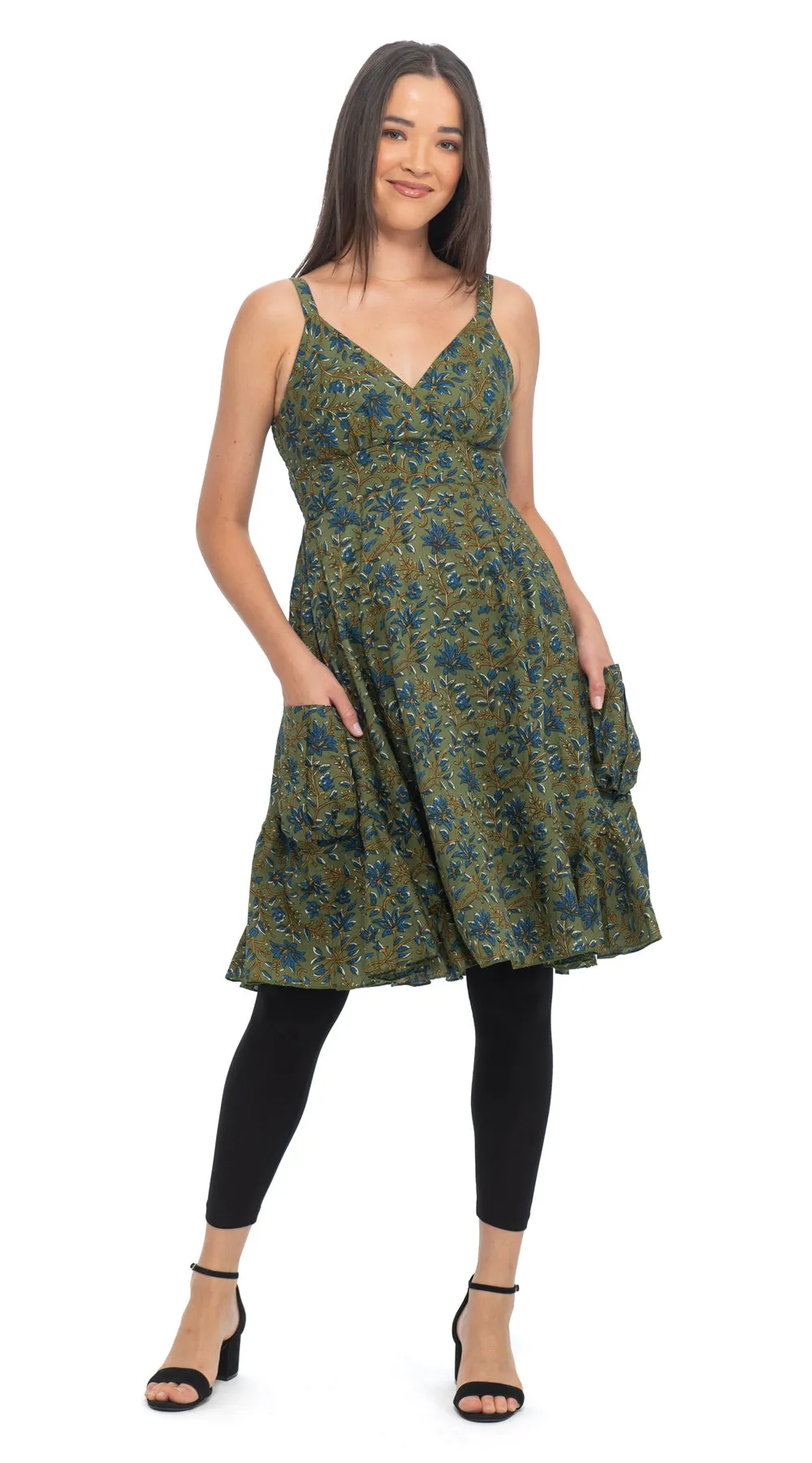 Swing Dress - khaki blockprint - organic cotton