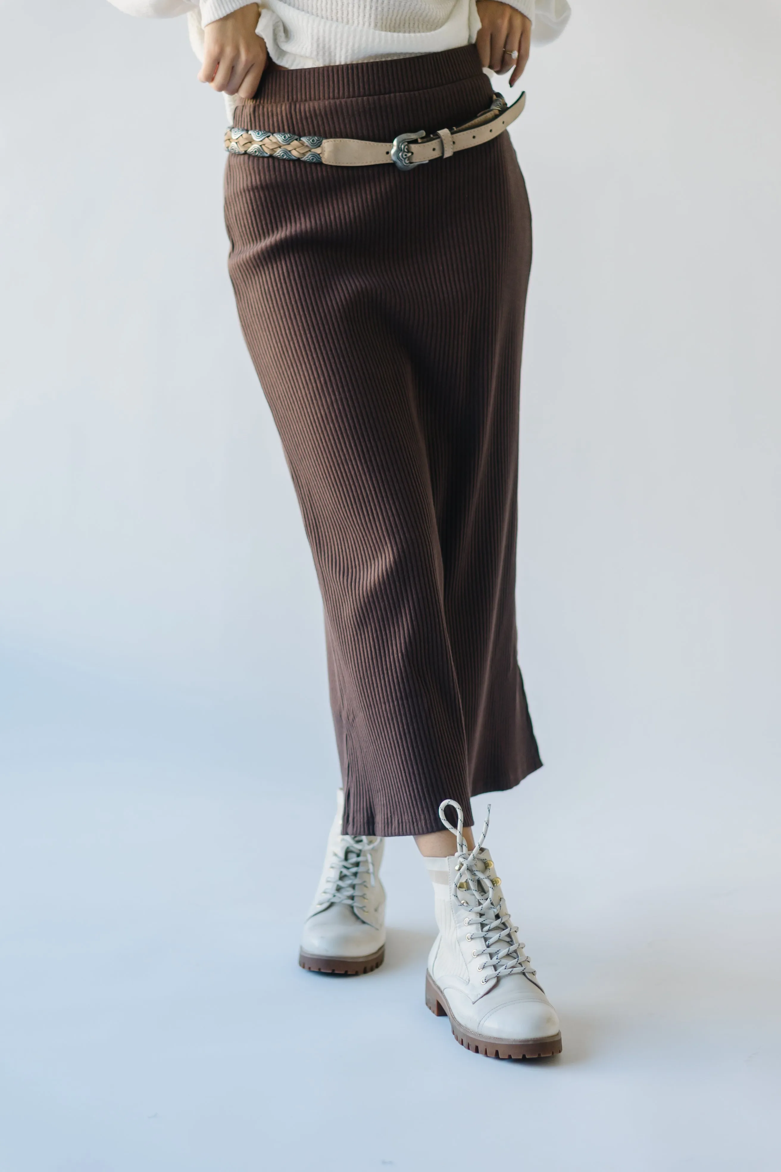 The Delphi Ribbed Midi Skirt in Chocolate Brown