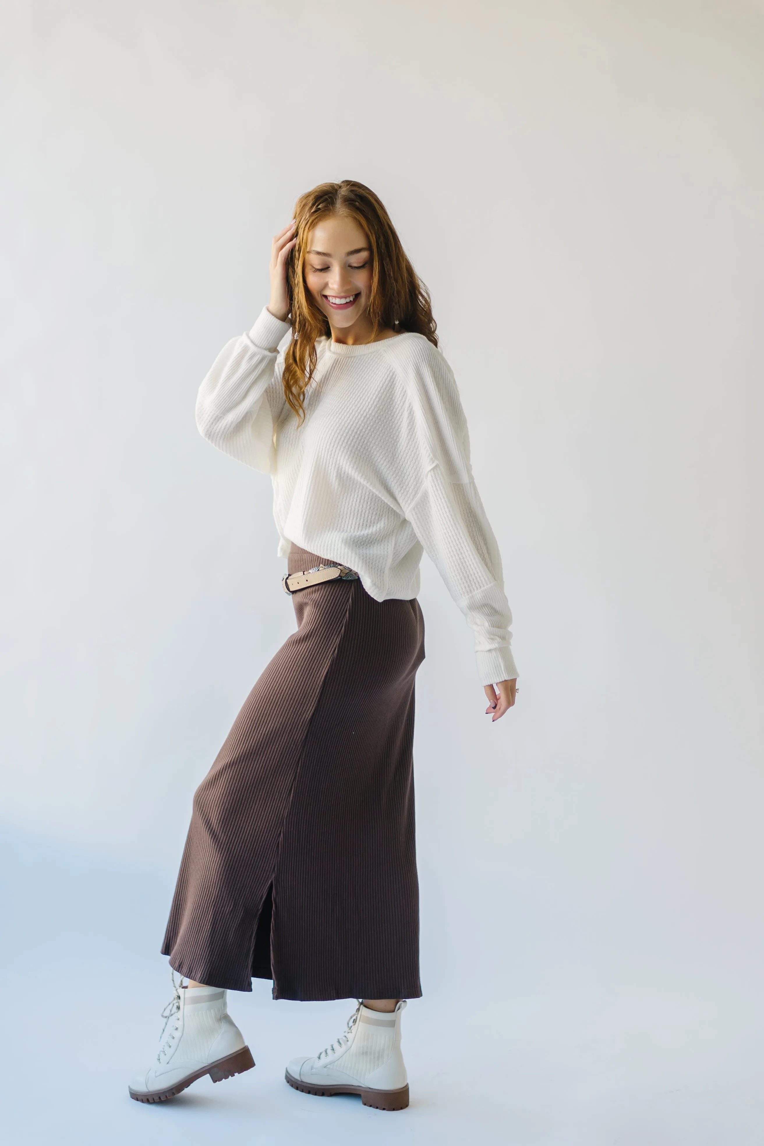 The Delphi Ribbed Midi Skirt in Chocolate Brown